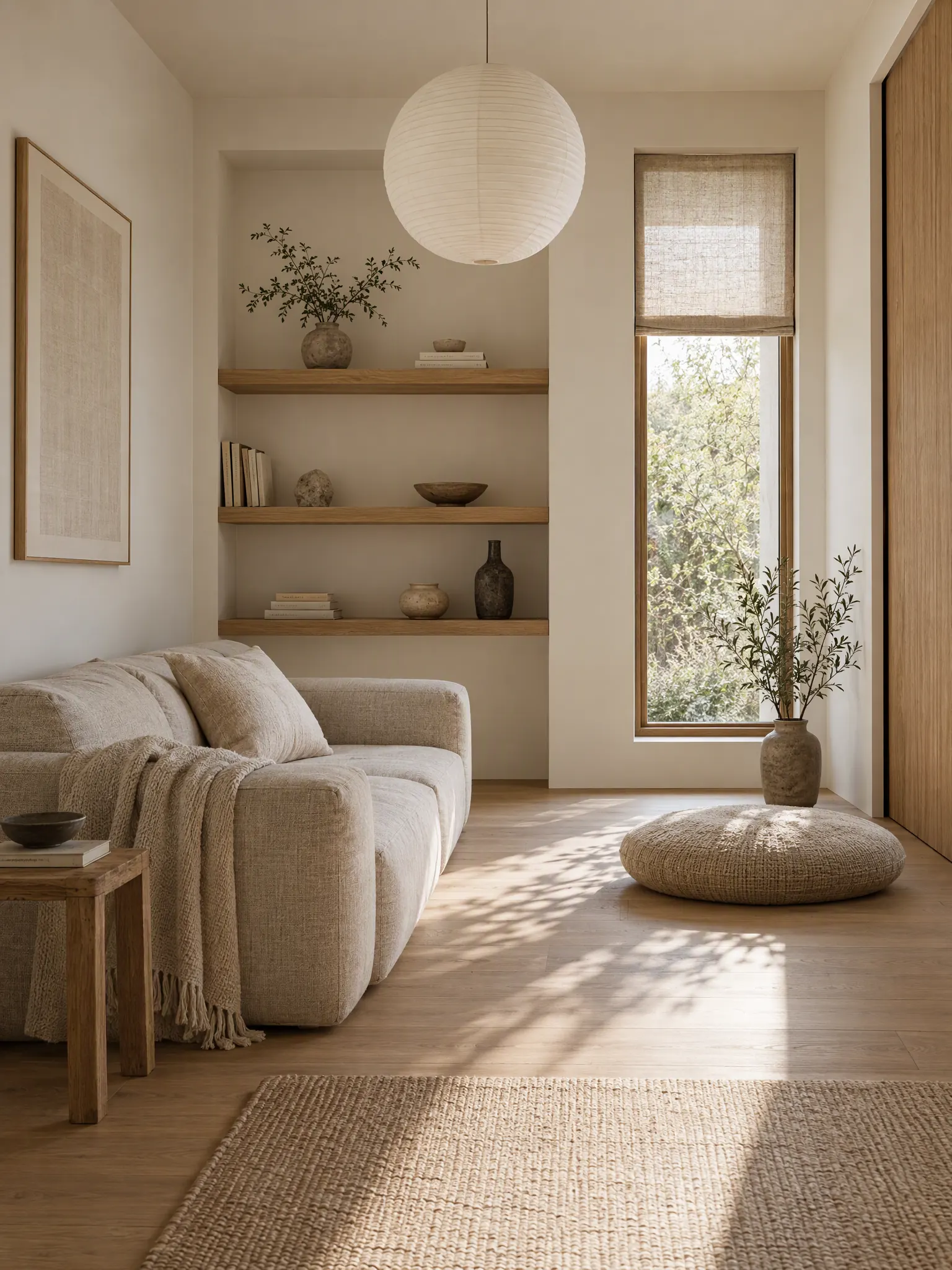 Small Japandi living room with a compact low sofa, floating oak shelves, a floor cushion and a round paper pendant