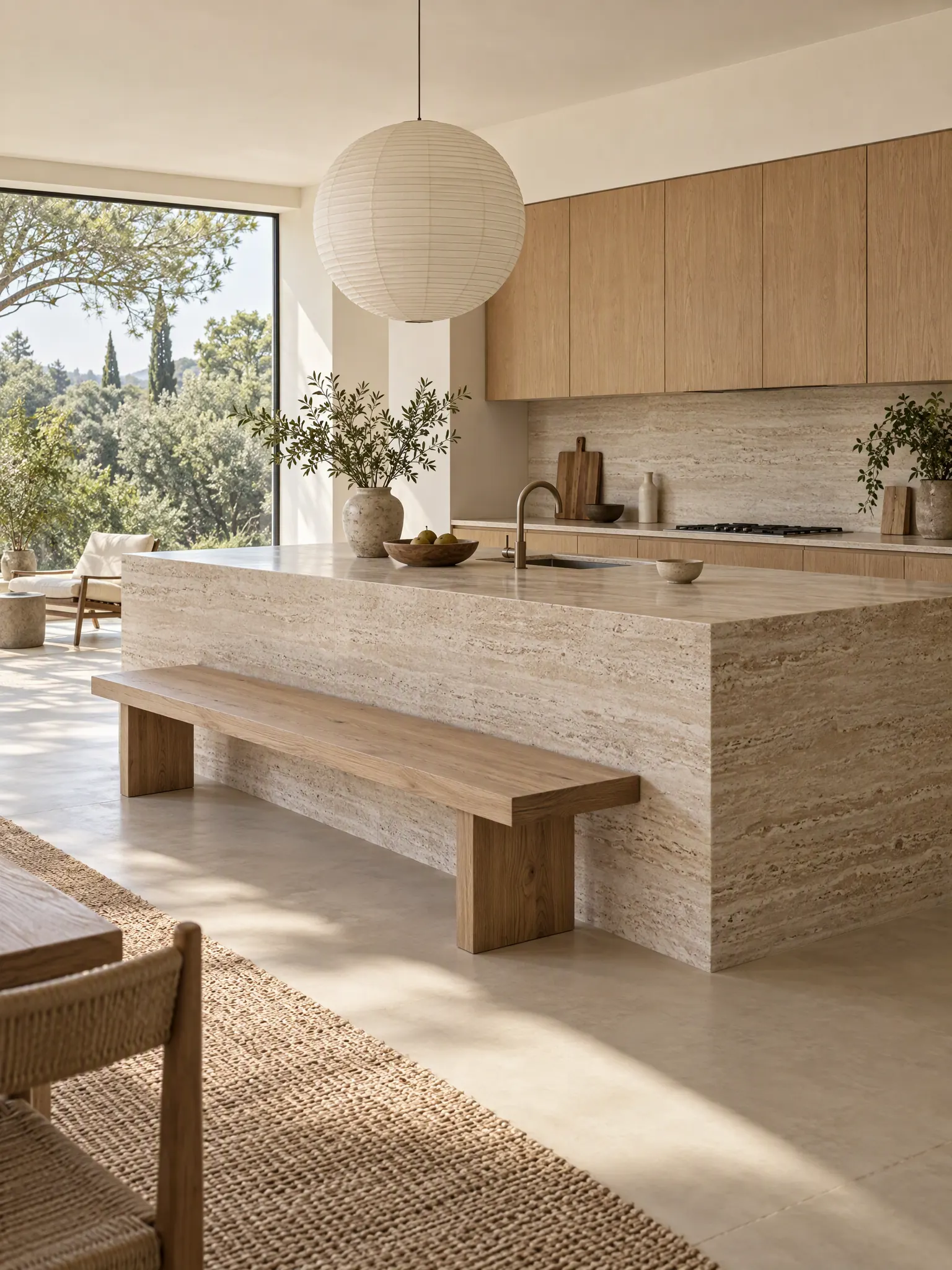 Japandi kitchen with a honed travertine island, a low oak bench, plain oak cabinets and a paper lantern pendant