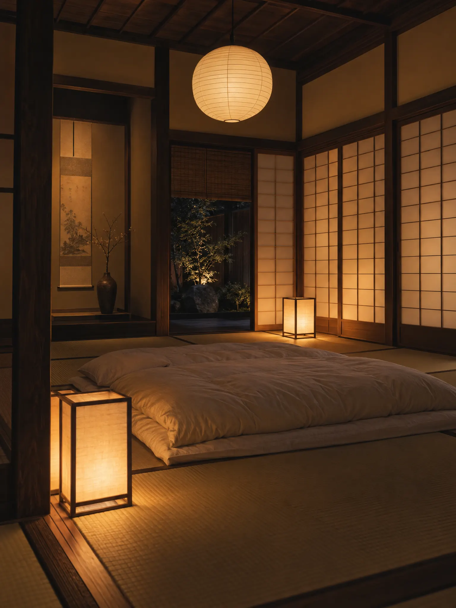 Japanese tatami bedroom at night lit only by two paper andon floor lamps and a round paper pendant, glowing on shoji screens, with a futon and dark wooden posts