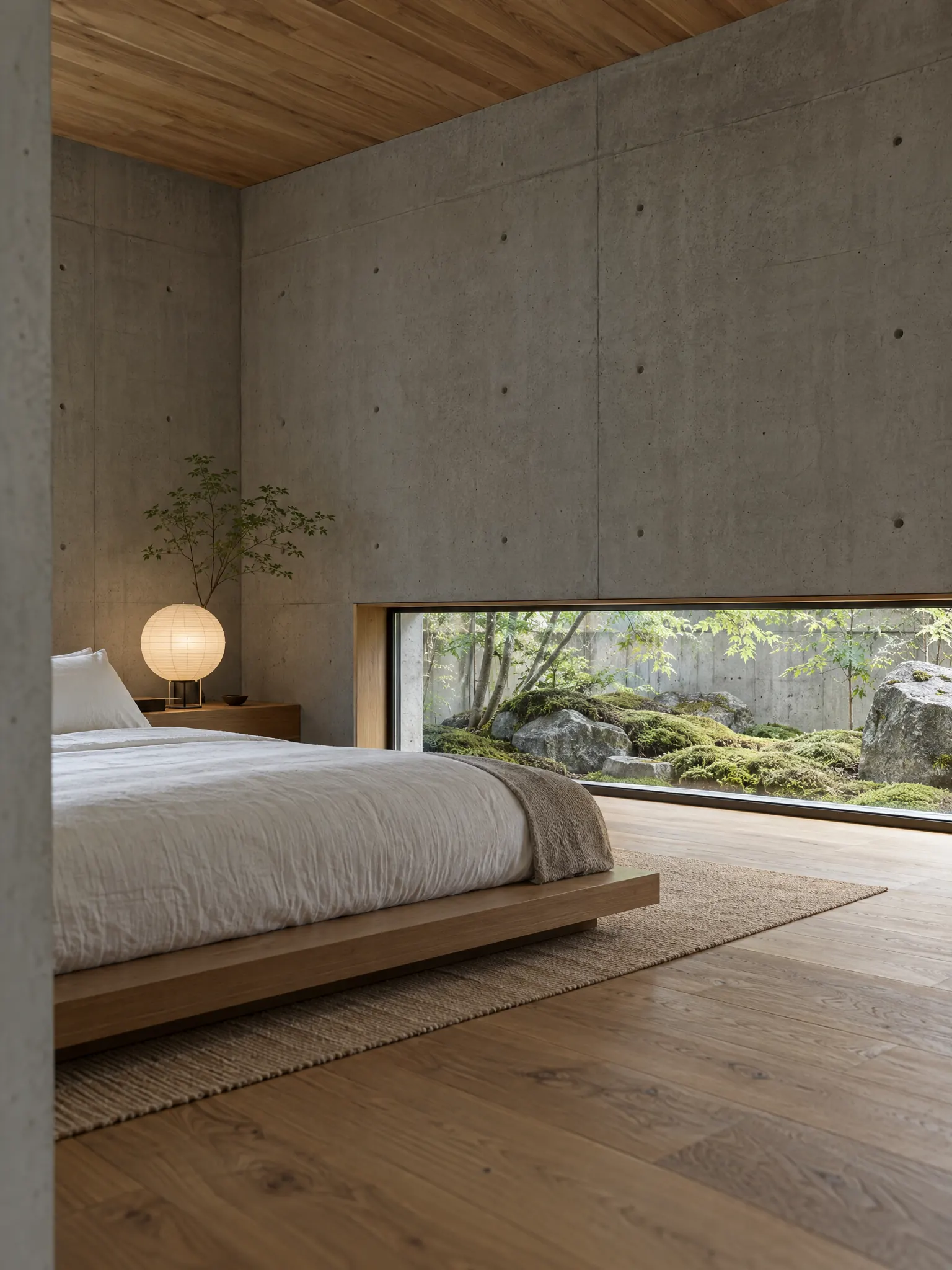 Modern Japanese bedroom with smooth exposed concrete walls, a timber floor and ceiling, a long floor-level slot window onto a moss garden, a low bed and a paper lamp