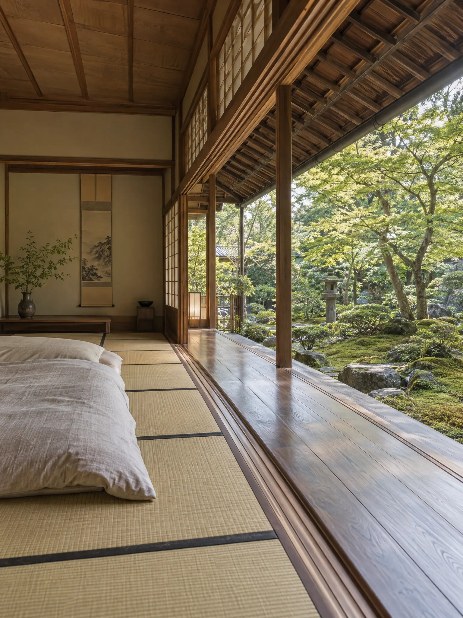 Traditional Japanese bedroom with tatami floor and a futon, shoji slid fully open onto a polished wooden engawa veranda under deep eaves, and a garden of maples and moss