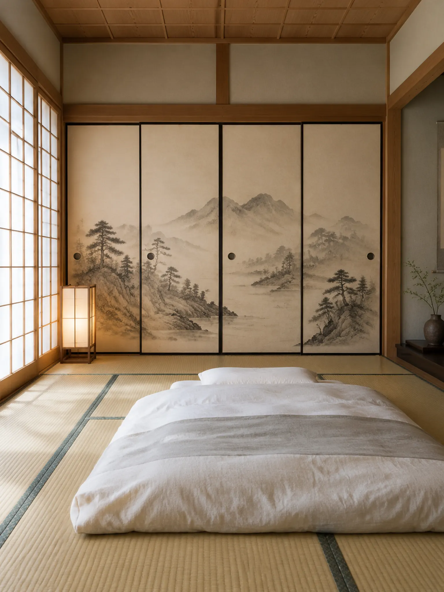 Traditional Japanese tatami bedroom with fusuma sliding doors painted with an ink landscape of mountains and pines, a futon in front and a paper lamp