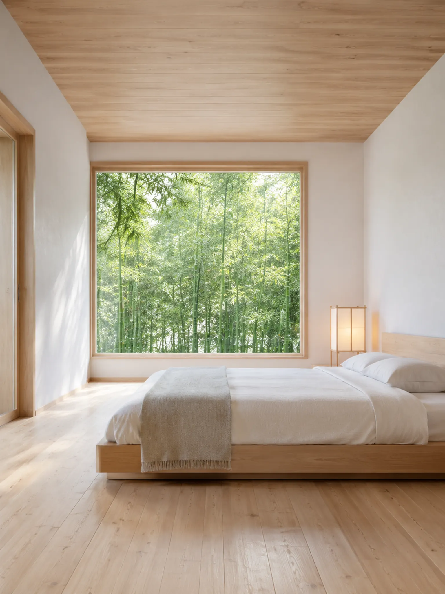 Minimal modern Japanese bedroom in pale hinoki wood on the floor, ceiling and low bed frame, white plaster walls, a large window onto bamboo and a paper lamp