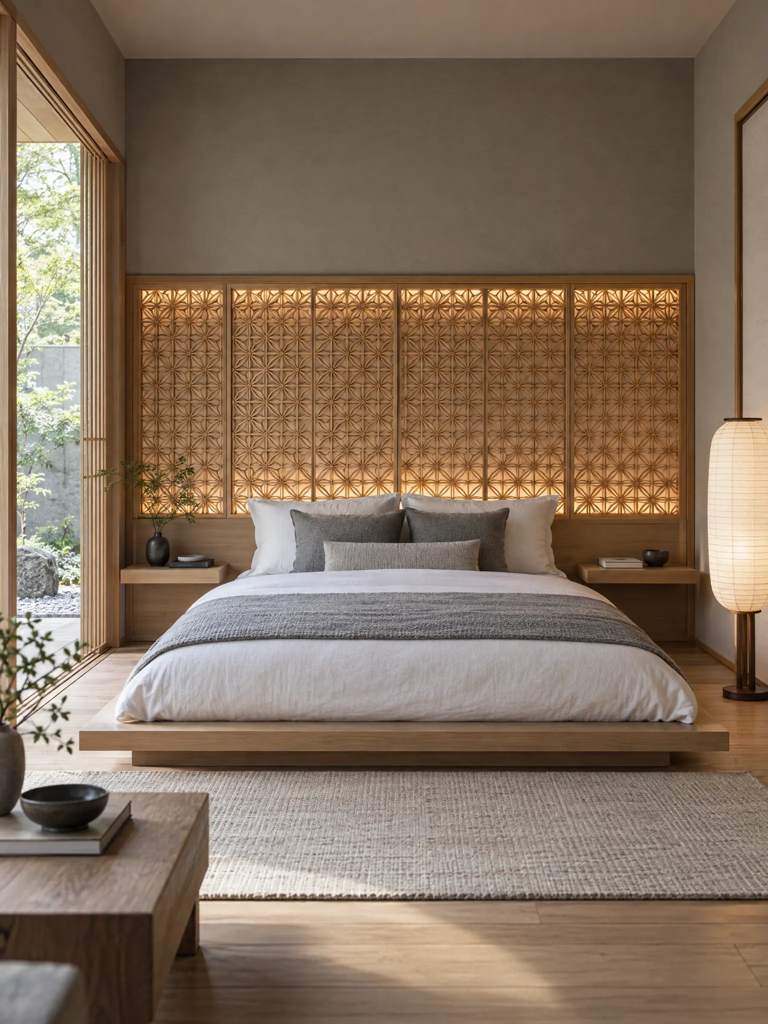 Modern Japanese bedroom with a wide backlit kumiko wooden lattice headboard, a low wooden bed with white and grey bedding, warm grey walls and a paper floor lamp