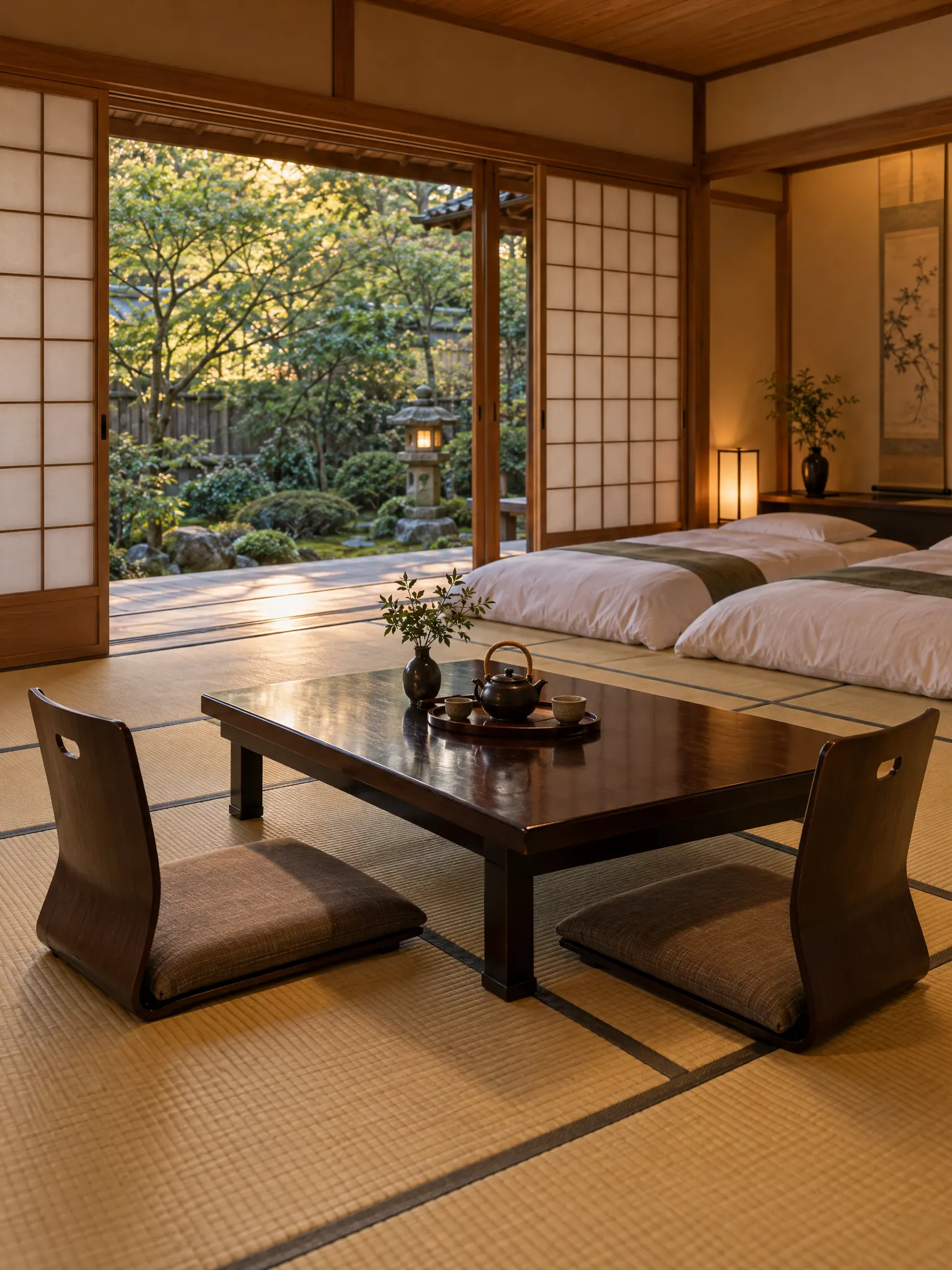Ryokan-style Japanese guest room with a low lacquered table, two zaisu chairs and a tea set, two futons behind, tatami floor and shoji open to a garden with a stone lantern
