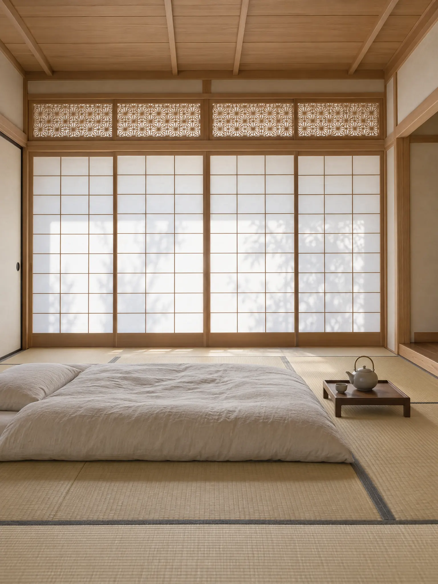 Traditional Japanese bedroom with a full wall of shoji paper screens and a wooden lattice transom, a futon on the tatami and a low tray with a teapot