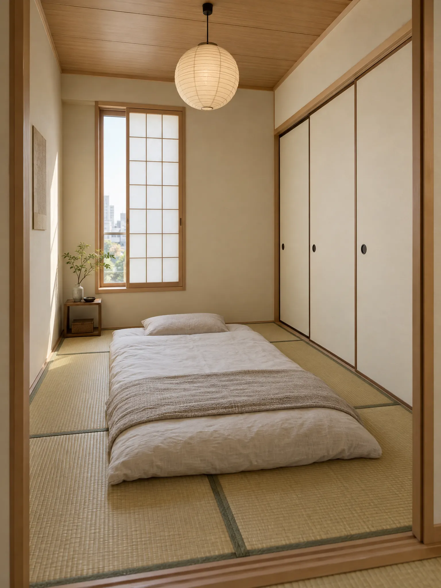 Small Japanese tatami bedroom in a city apartment with a single futon, a wall of plain fusuma closet doors, a narrow shoji window and a paper pendant
