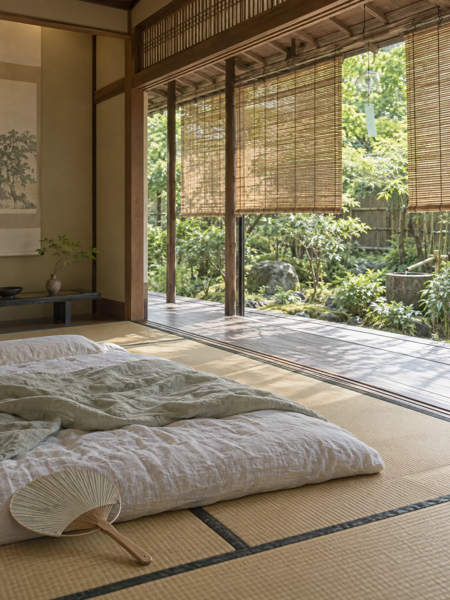 Japanese tatami bedroom in summer with bamboo sudare blinds along an open veranda, a light linen futon, a round paper fan and a green garden