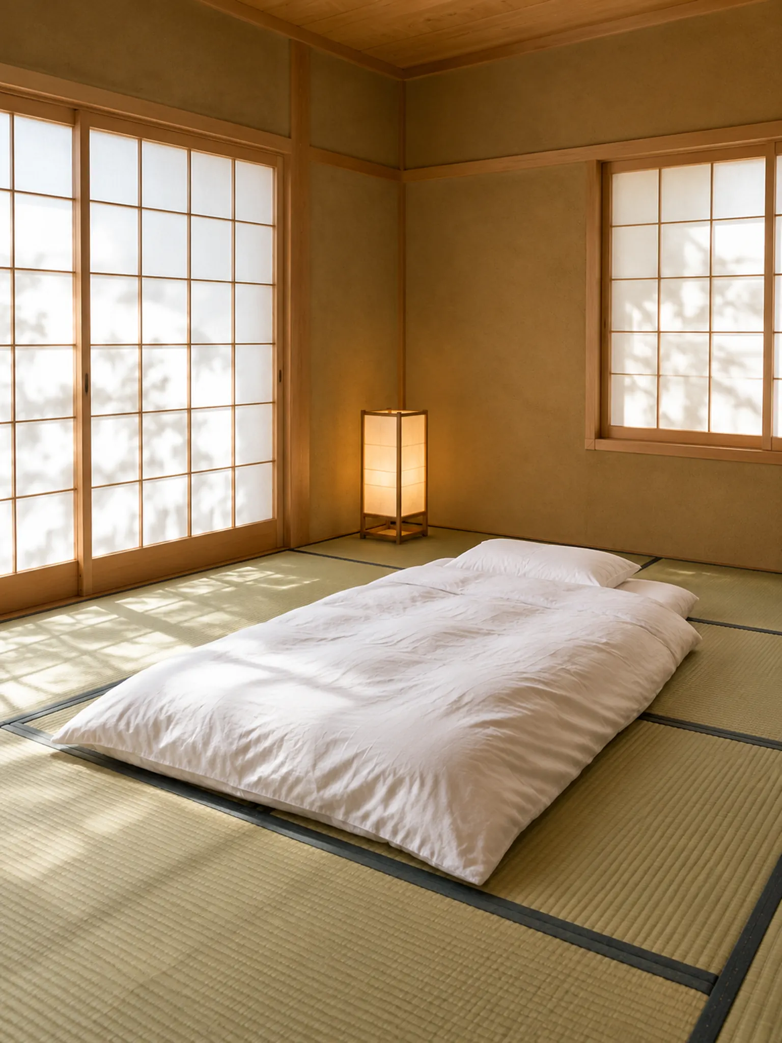 Traditional Japanese bedroom with a full tatami floor, a white futon laid out in the middle, shoji paper windows and a paper andon floor lamp