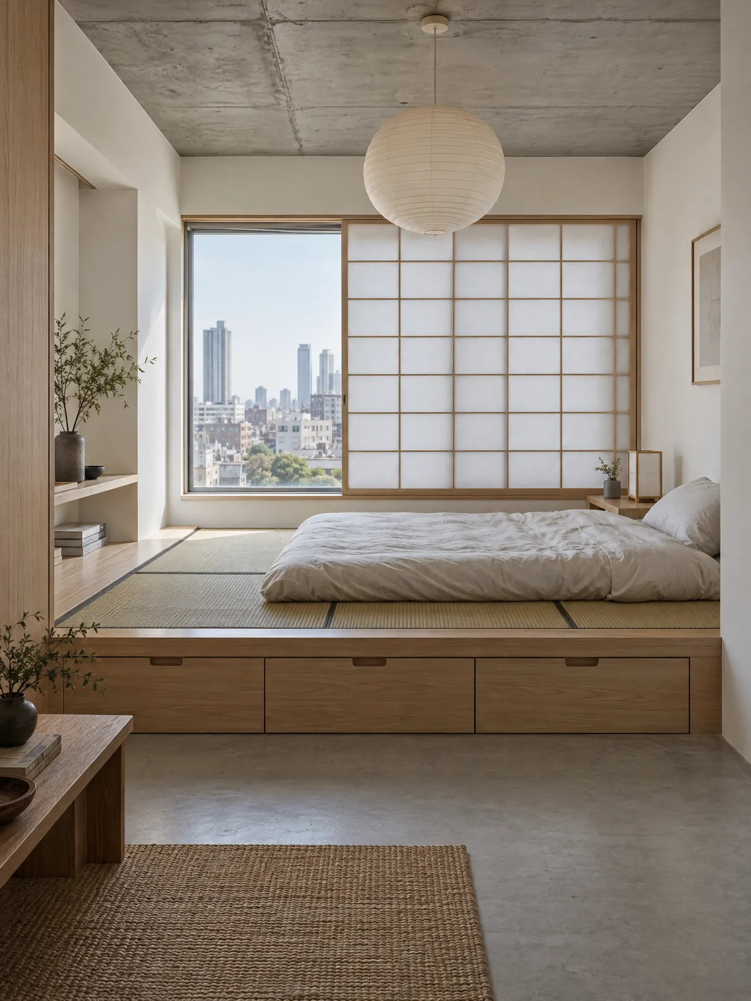 Modern Japanese apartment bedroom with a wooden platform with deep drawers and inset tatami mats, a futon on top, white walls, a concrete ceiling and a shoji panel