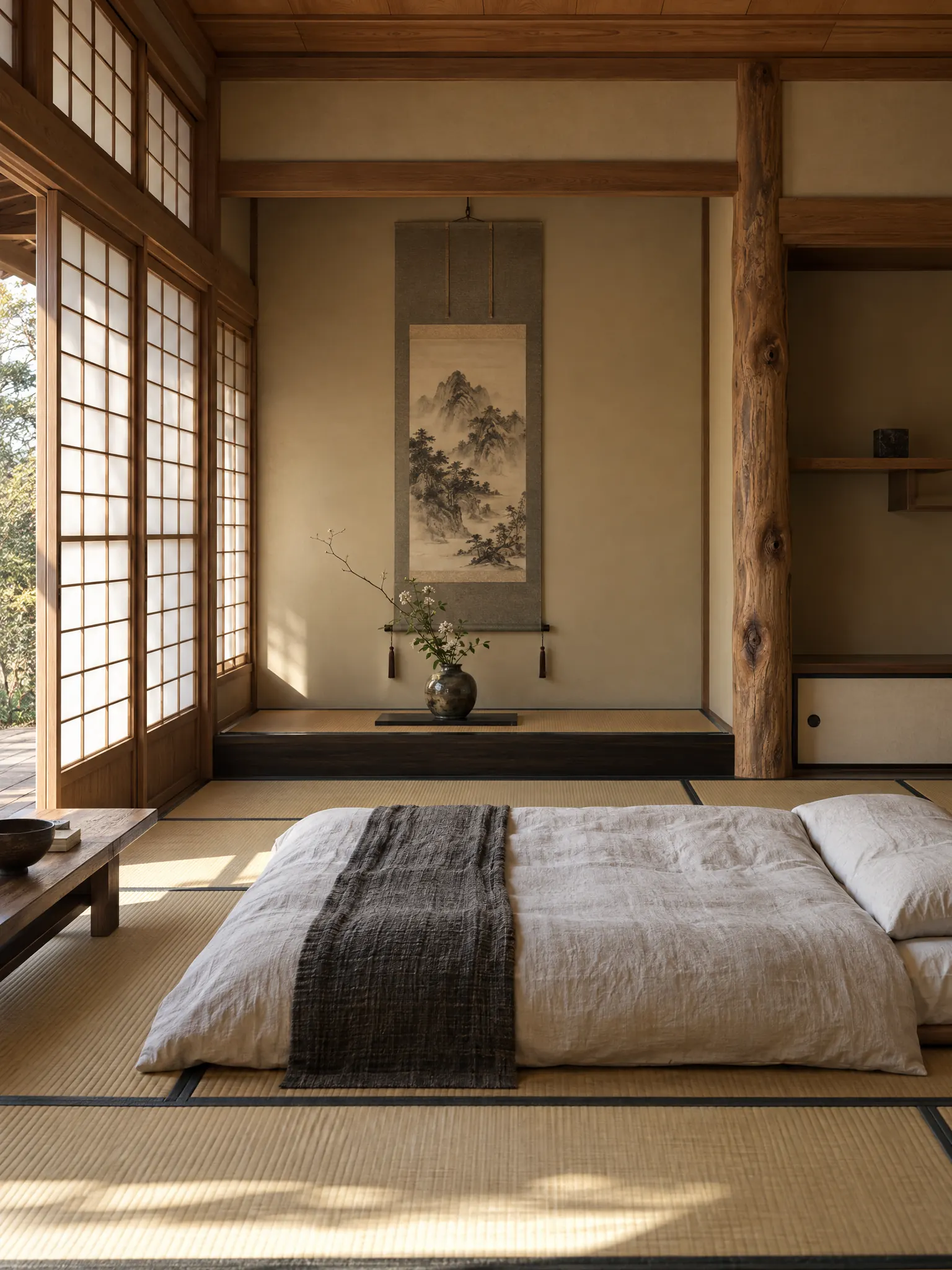 Traditional Japanese tatami bedroom with a tokonoma alcove holding a hanging ink scroll and a small ikebana, a natural wood post and a futon laid out in front