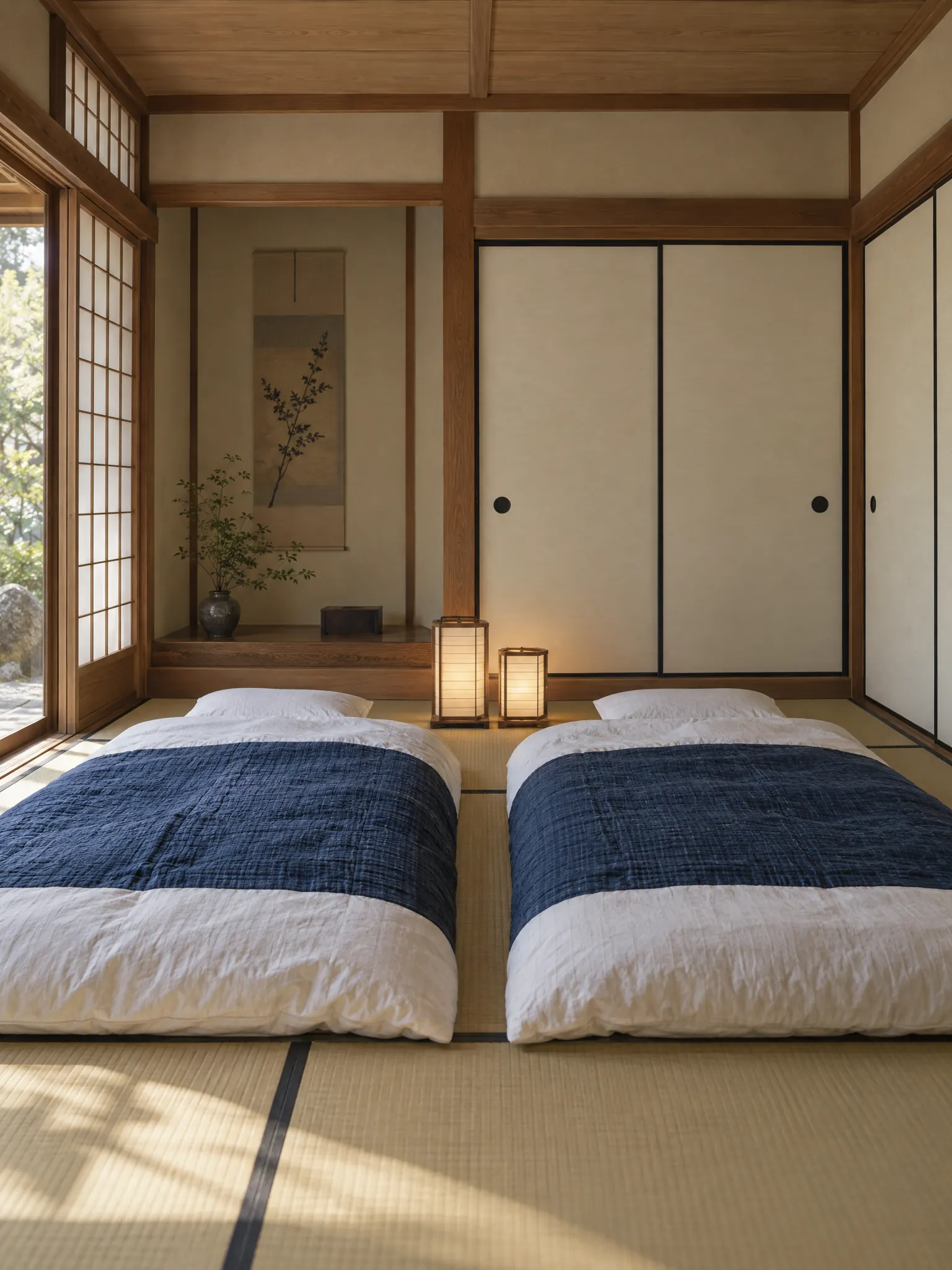 Japanese tatami room with two futons side by side with white covers and indigo quilts, two small paper lamps, fusuma doors and shoji windows