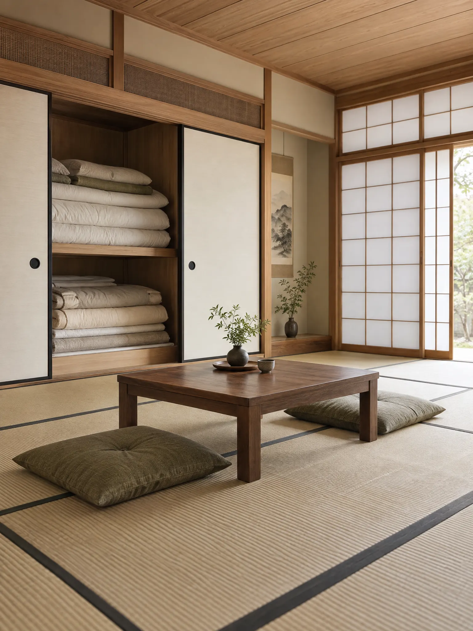 Japanese washitsu guest room by day with an open oshiire closet holding folded futons, a low wooden table with two floor cushions, tatami floor and shoji screens