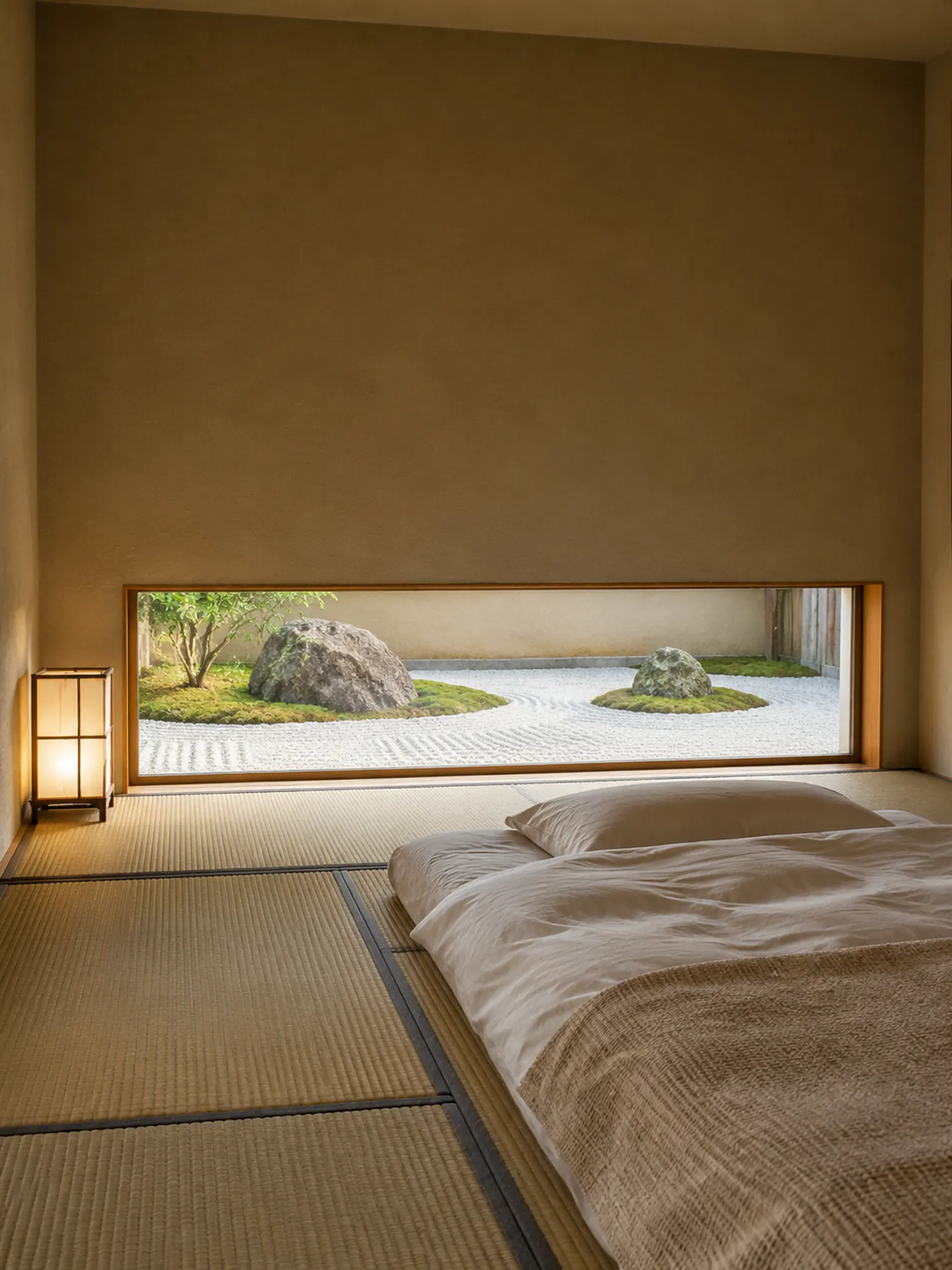 Japanese tatami bedroom with a long low window at floor level onto a small raked gravel garden with rocks and moss, a futon facing it and a paper lamp
