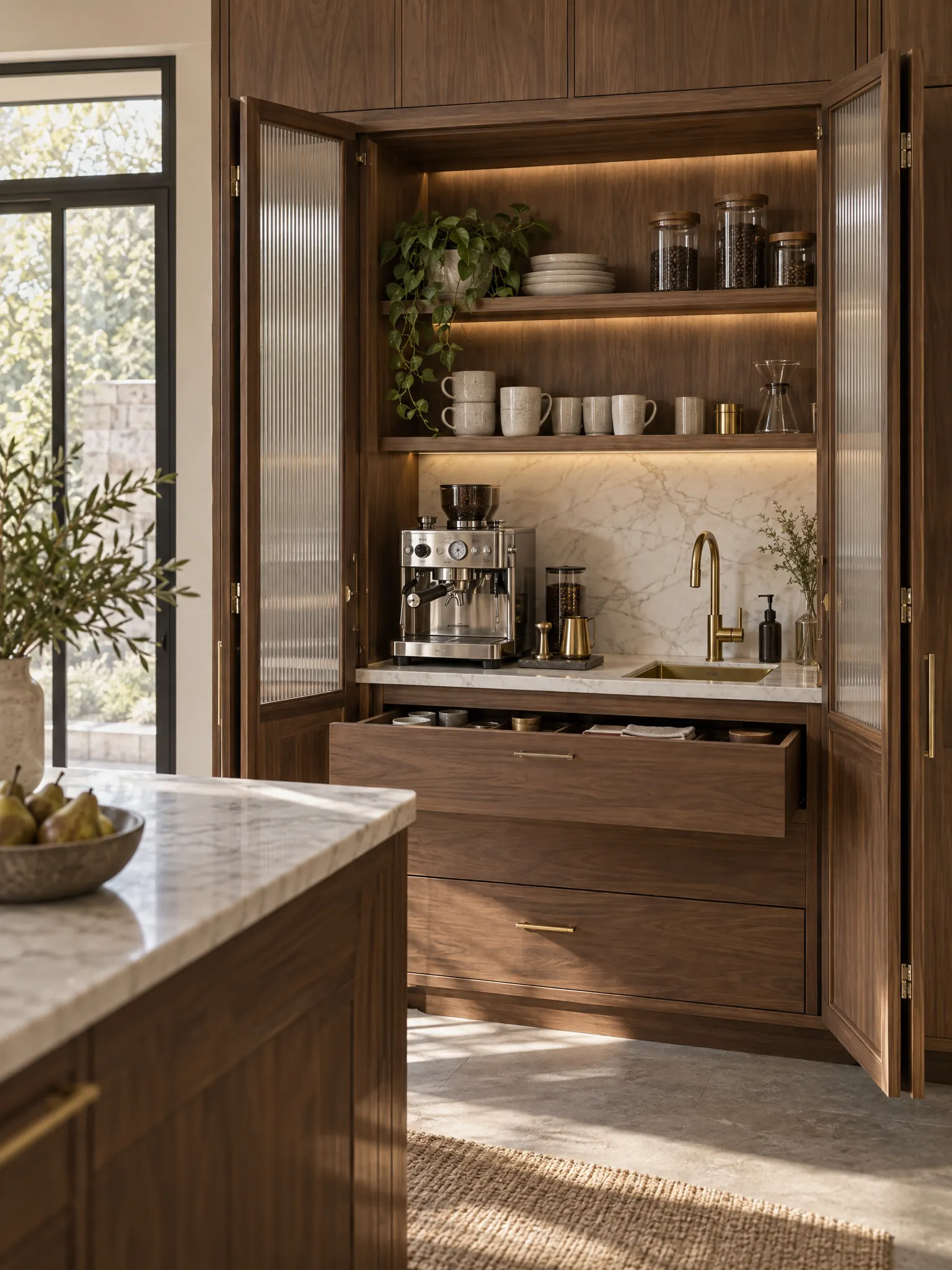 Kitchen coffee bar in a tall cabinet with an espresso machine, small sink, open mug shelves and drawers