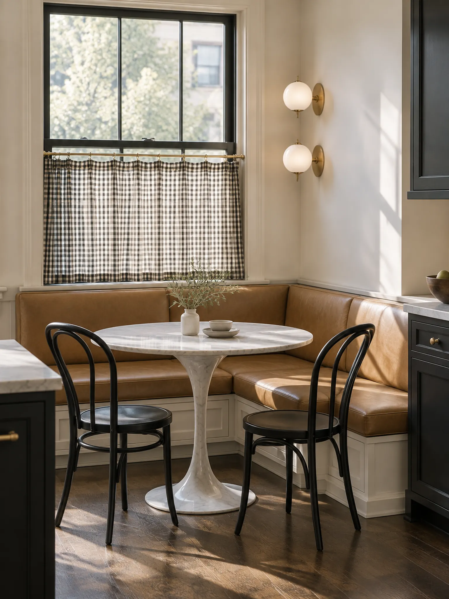 Corner dining nook with a tan leather banquette, a marble bistro table, café chairs, a café curtain and wall lights