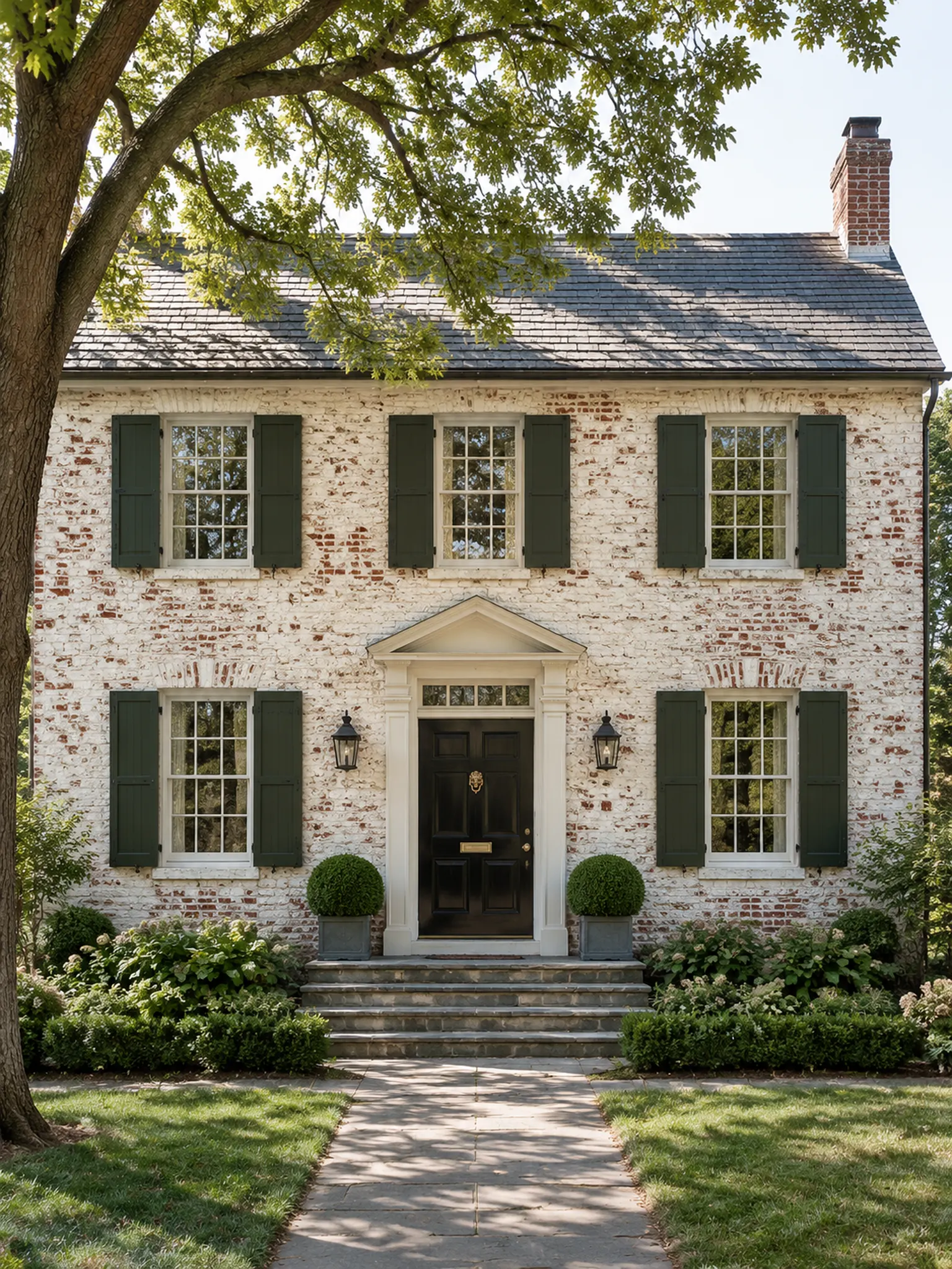 Symmetrical colonial house in mottled limewashed brick with dark green shutters, a black front door and boxwood