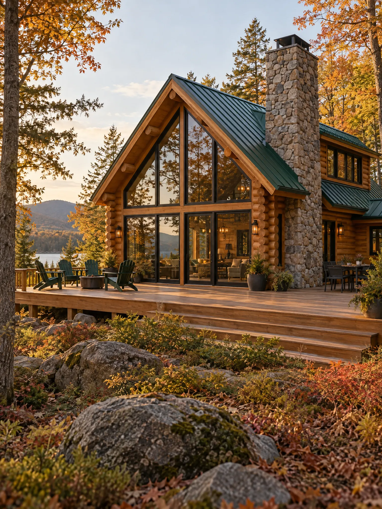 Modern log cabin with honey-stained logs, a green metal roof, large windows, a stone chimney and a wide deck