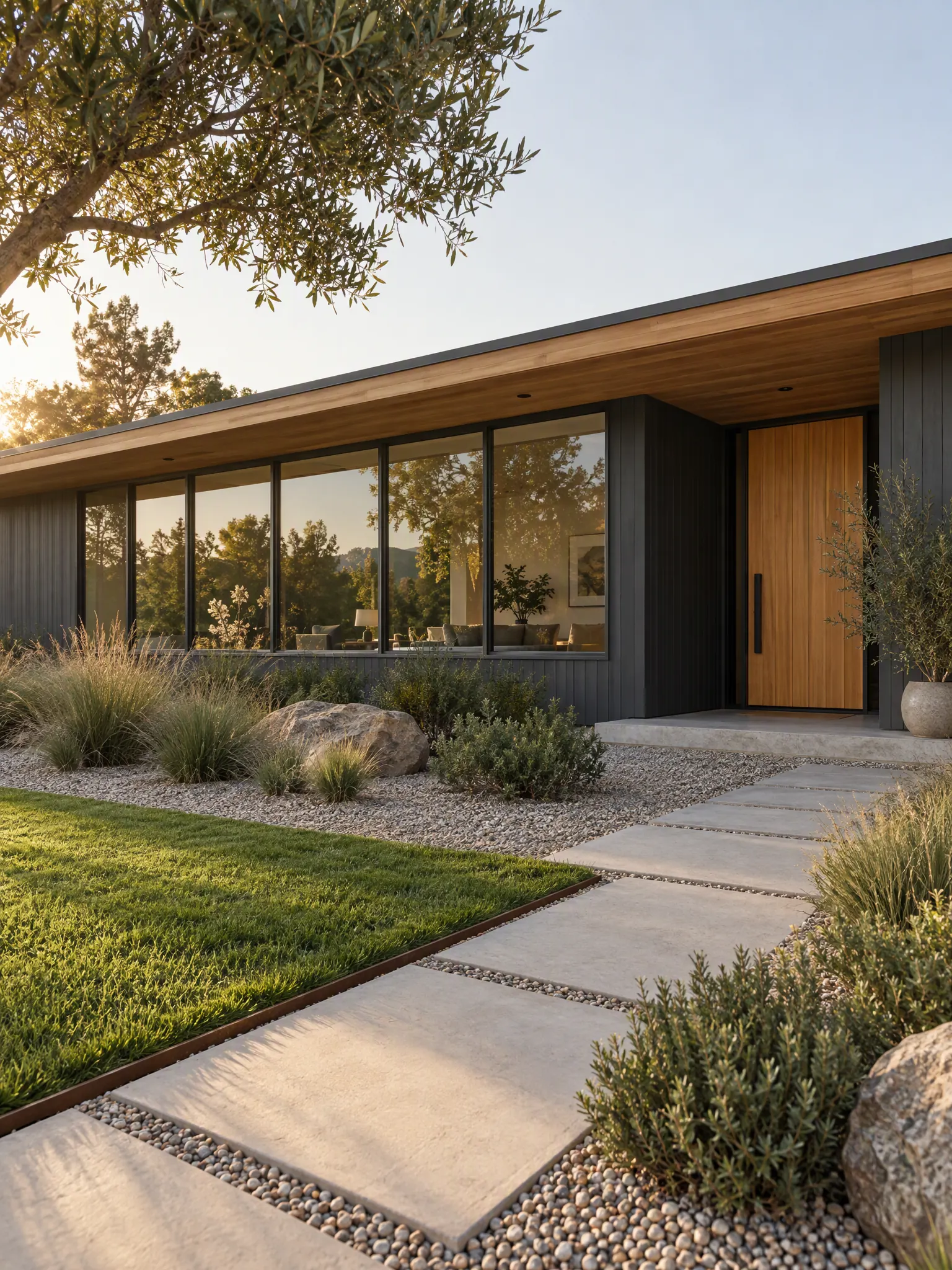 Long low ranch house with charcoal siding, a cedar fascia, a wide window wall and a gravel and grass front yard