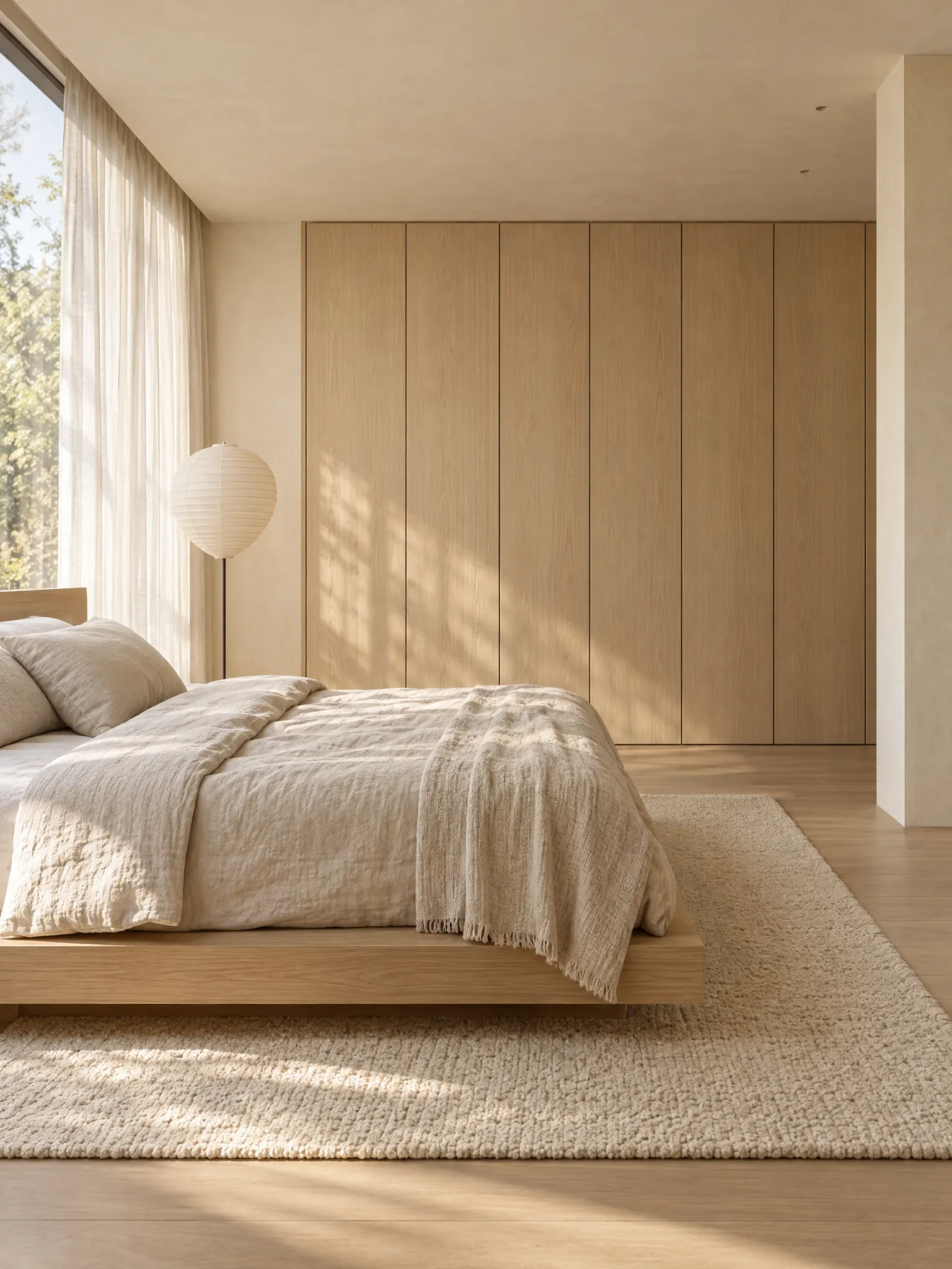 Minimalist bedroom with a low oak bed, flush built-in wardrobes, warm plaster walls and a single rug