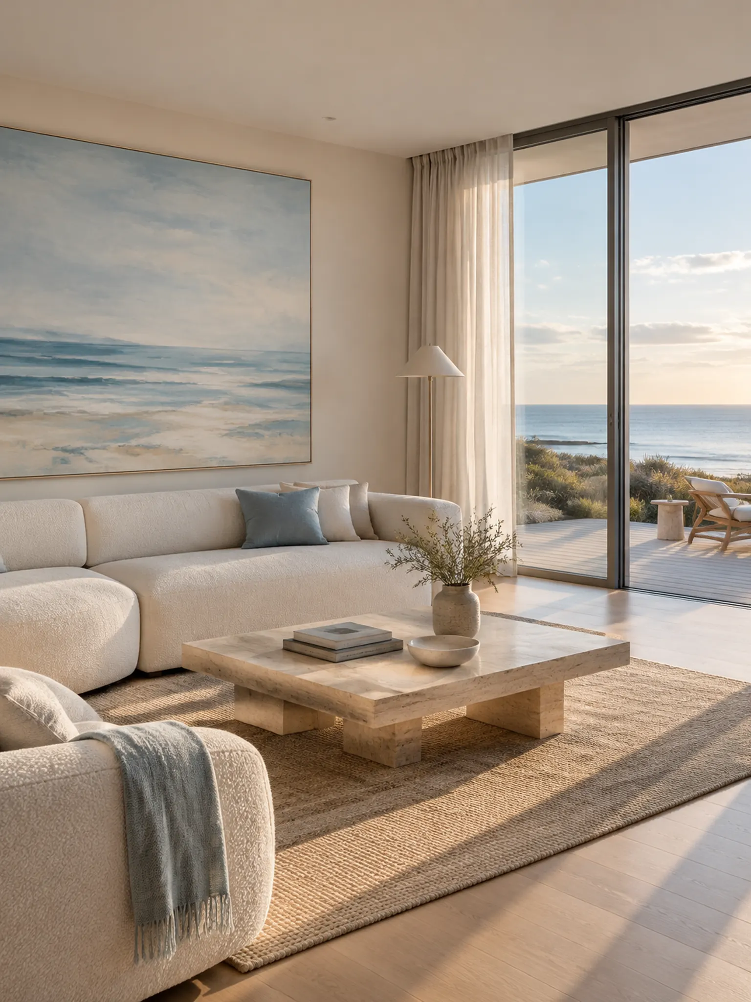 Modern coastal living room with a low boucle sofa, a travertine coffee table, a pale blue seascape painting and glass doors to a deck