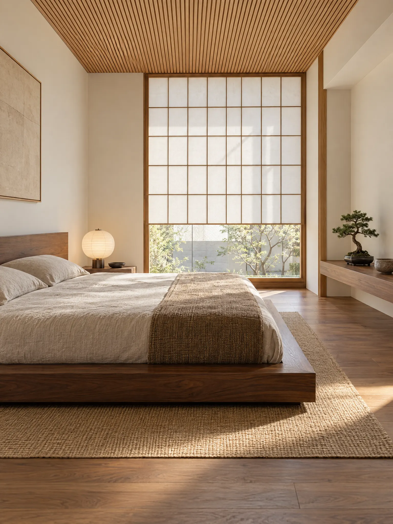 Modern Japanese bedroom with a low walnut platform bed, a fine wood slat ceiling, a tall shoji-style window panel, a paper table lamp and a small bonsai on a ledge