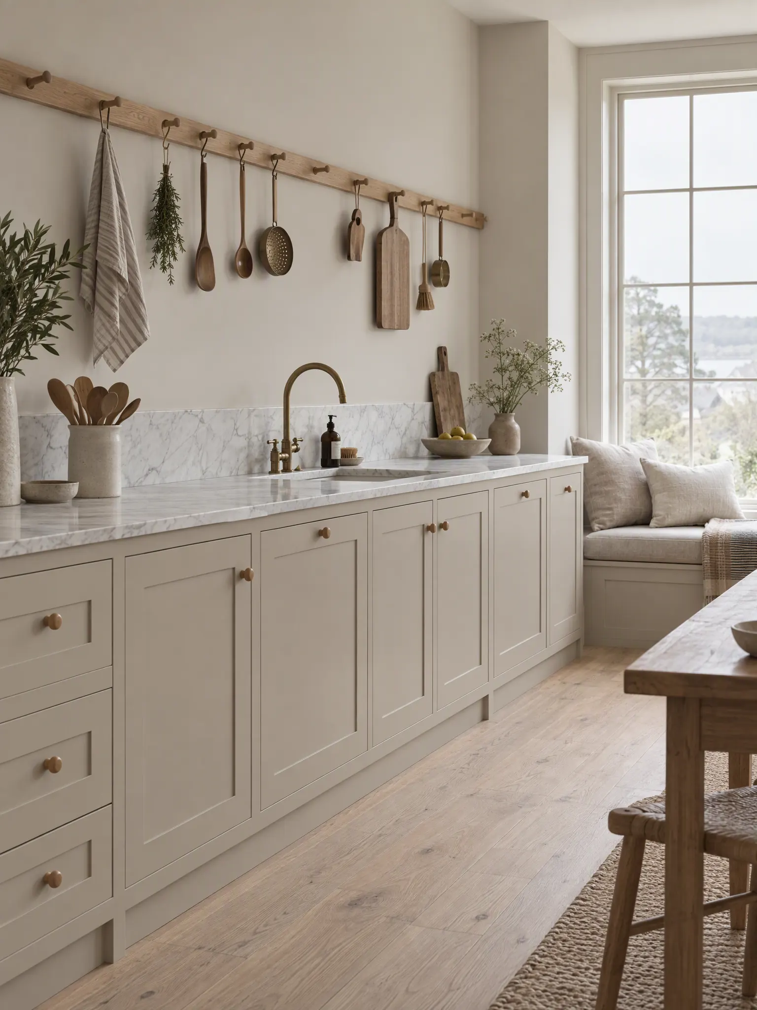 Modern shaker kitchen with slim putty-coloured shaker doors, a wooden rail, small knobs and a window seat