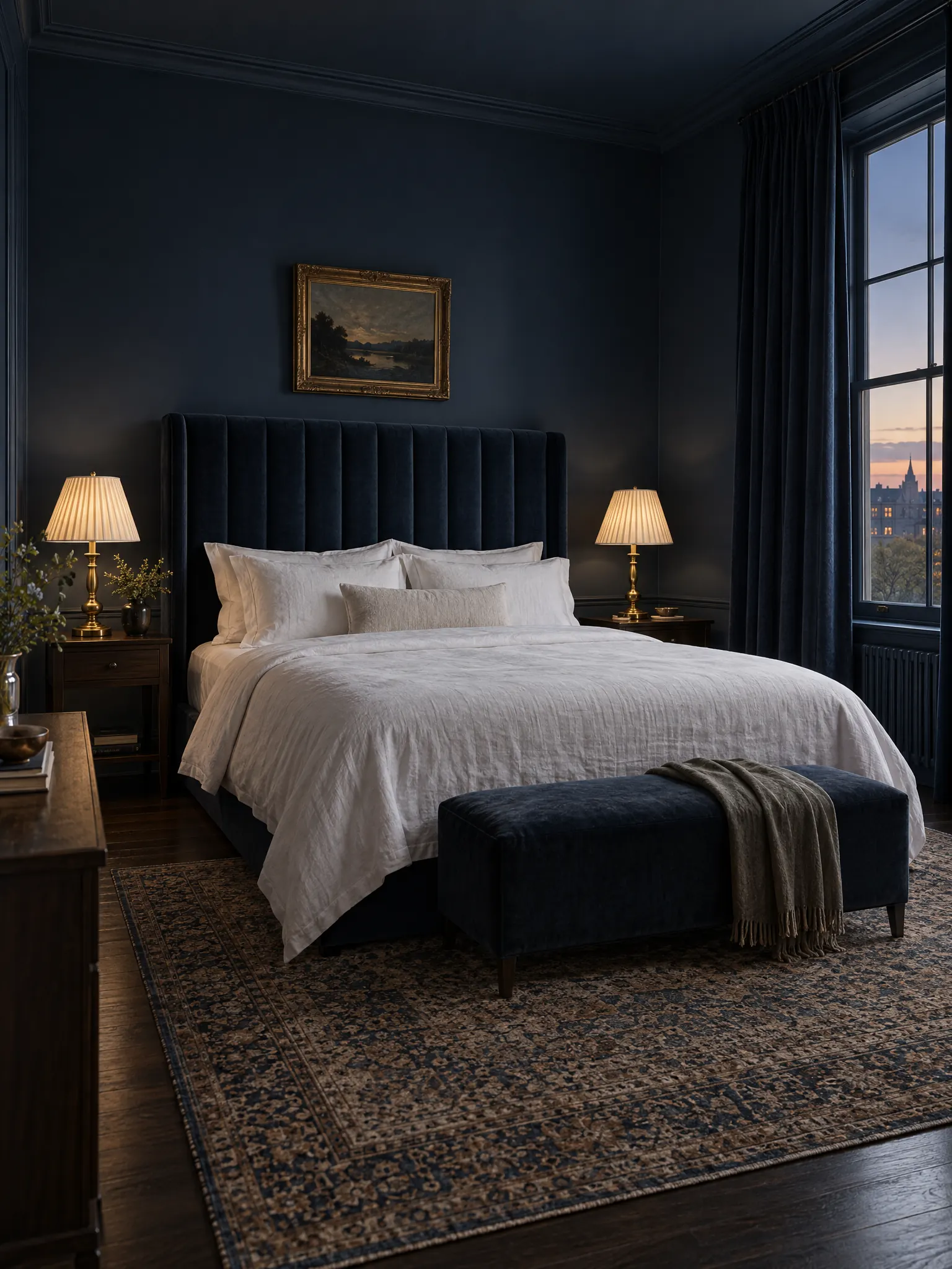 Moody blue bedroom with inky blue walls, ceiling and trim, a blue velvet headboard and brass lamps