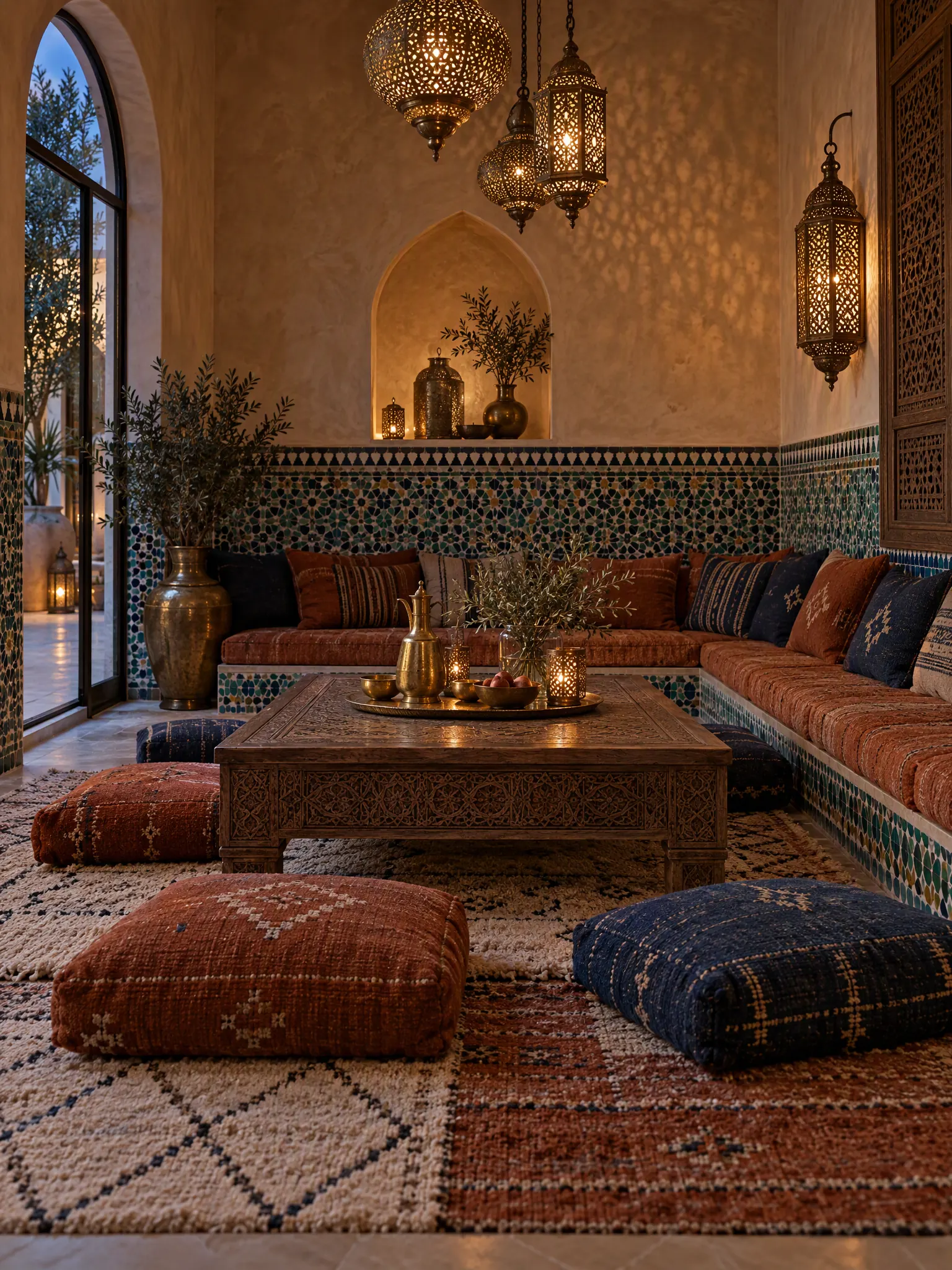 Moroccan dining room with a low carved table, floor cushions, a banquette, pierced brass lanterns and zellige tiles