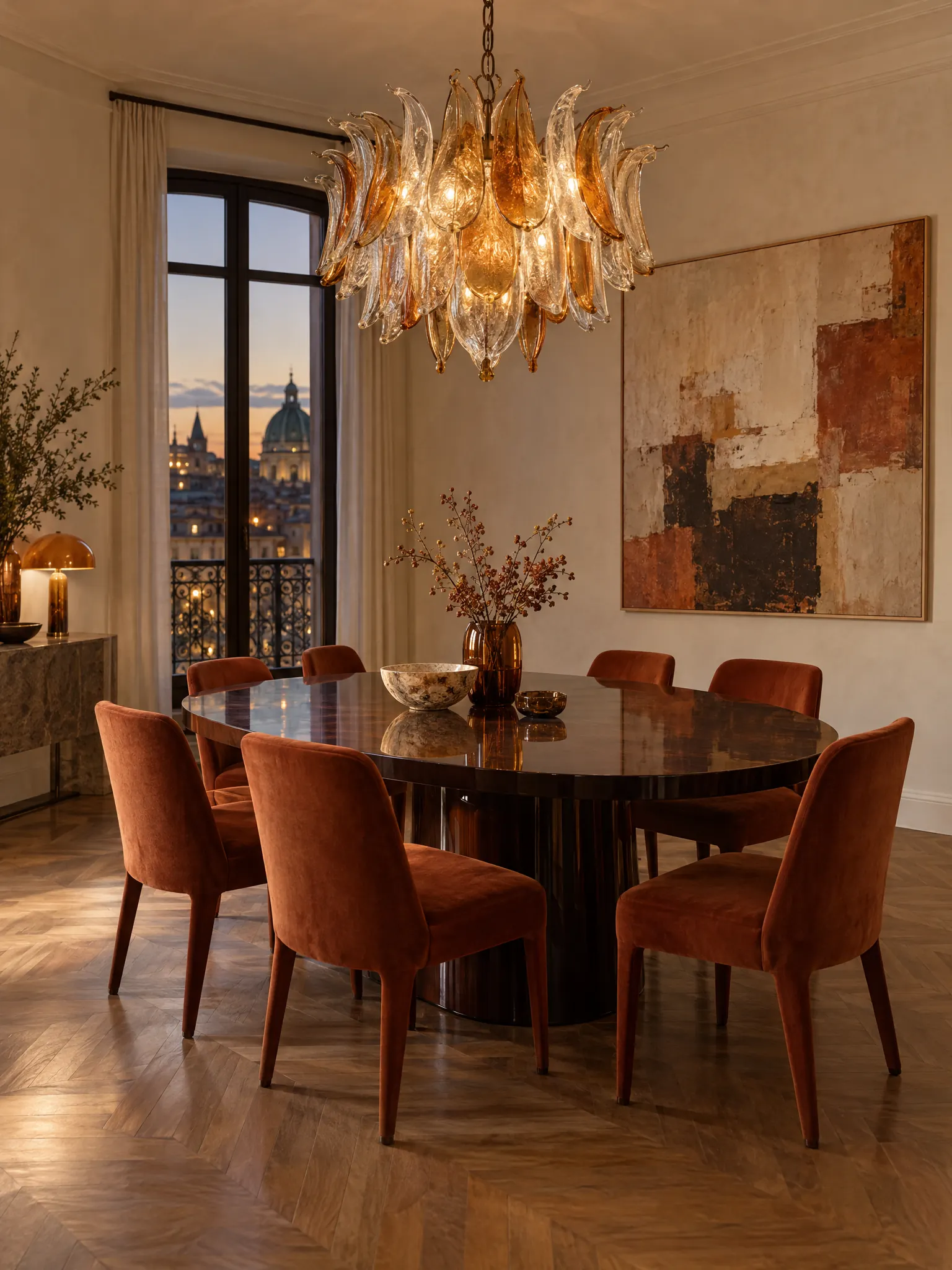Dining room with a clear and amber Murano glass chandelier above a lacquered table and velvet chairs