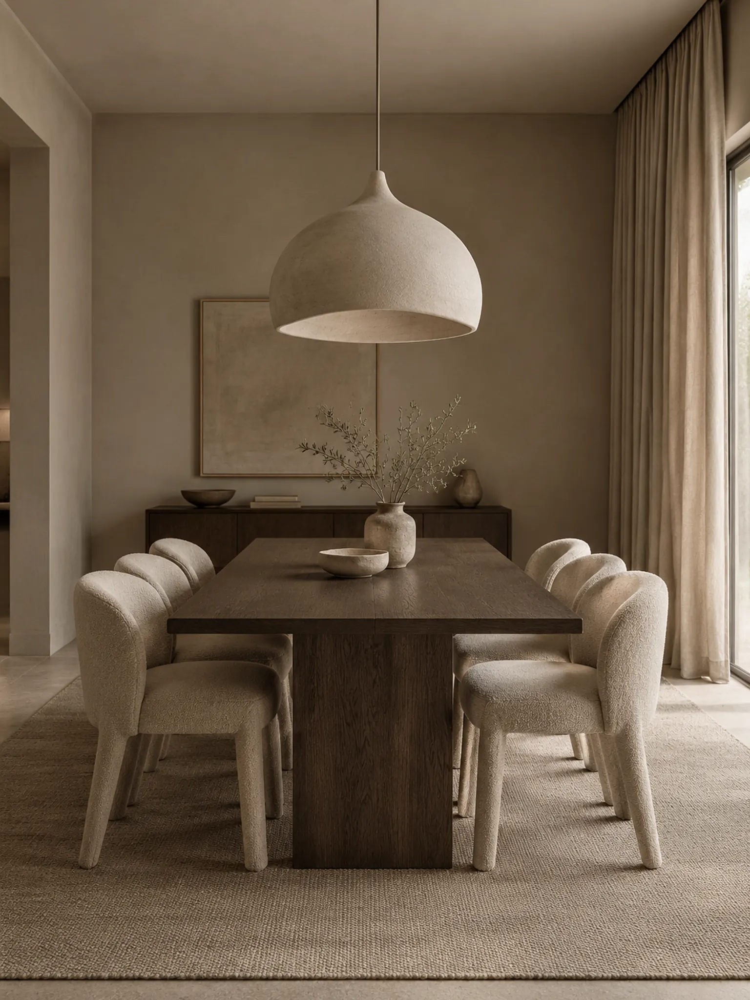 Tonal dining room in mushroom colour with matching curtains and upholstered chairs, a dark wood table and a pendant