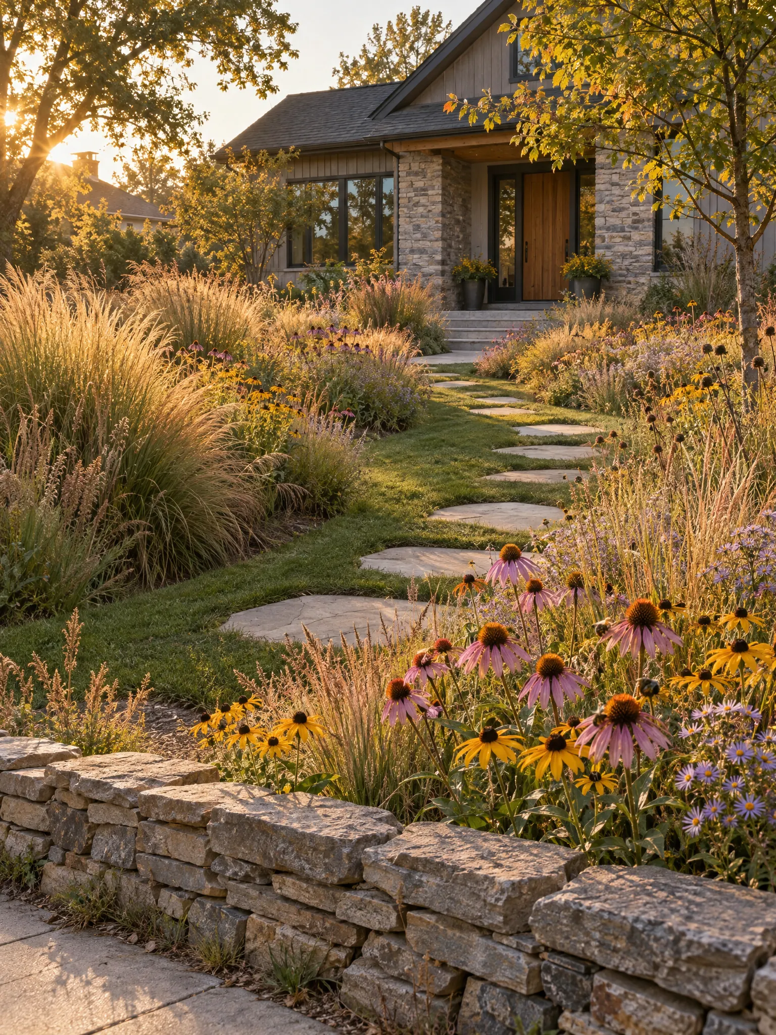 Front yard planted as a native meadow of grasses and flowers with a mown path, stepping stones and a low stone wall