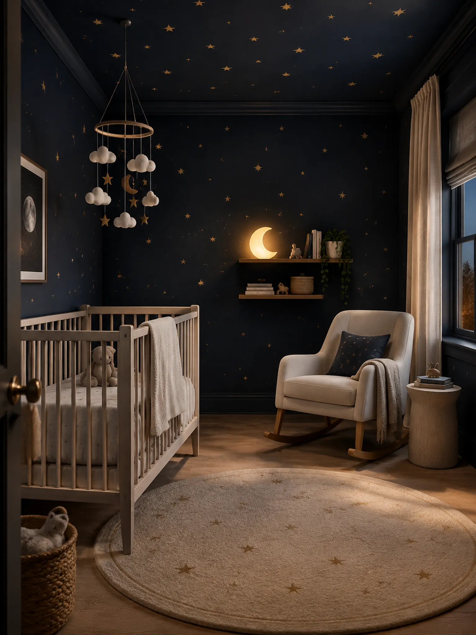 Nursery with deep blue walls and a star-painted ceiling, a white crib, a rocking chair and a moon lamp