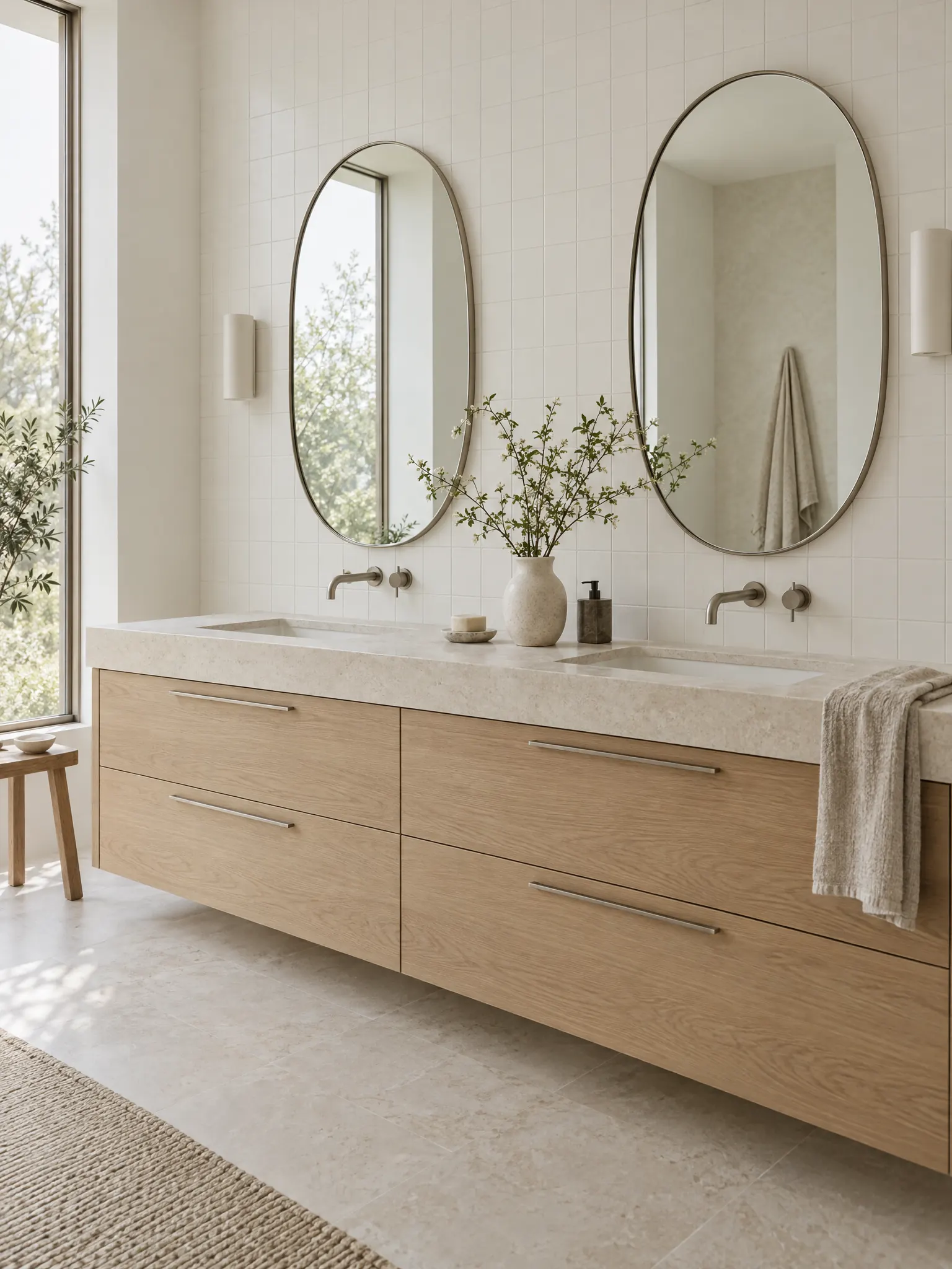 Bathroom with a solid white oak double vanity, bar pulls, a stone counter and plain white tiles