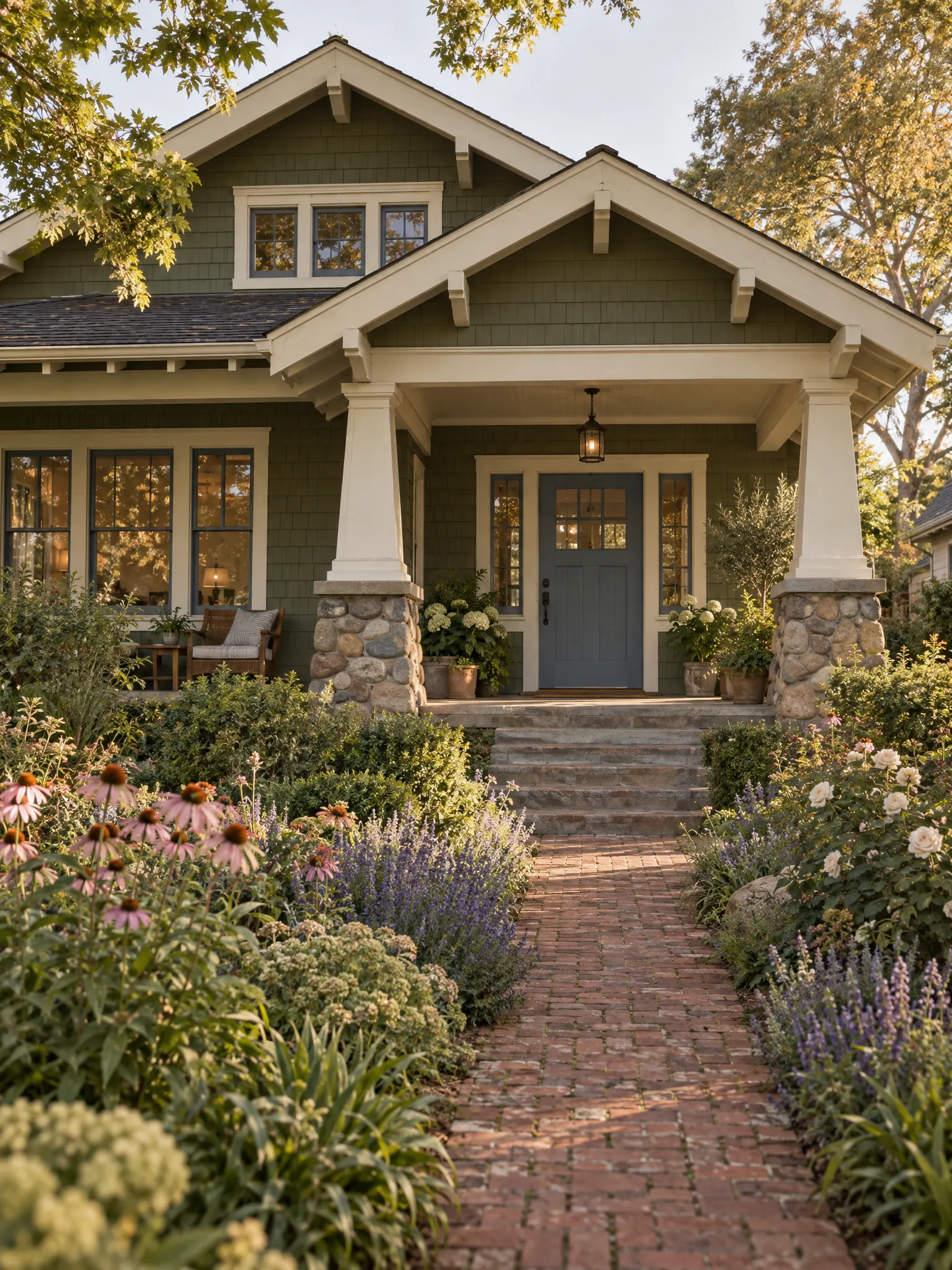 Craftsman bungalow with olive green shingle siding, cream trim, tapered porch columns on stone piers and a blue-grey door