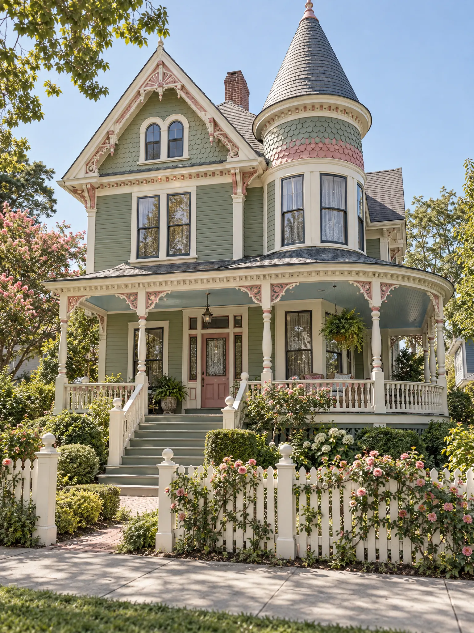 Victorian house with a turret, a wraparound porch and gingerbread trim painted in three soft colours, with a picket fence