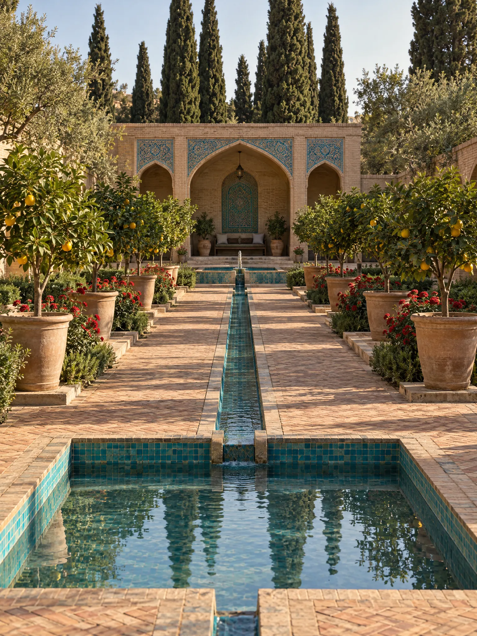 Persian garden with a stone water rill leading to a square pool, citrus trees, roses and blue tiles