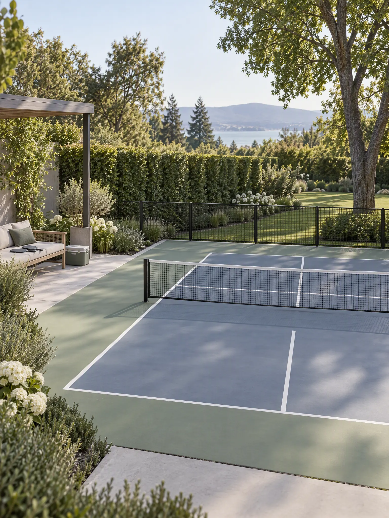 Backyard pickleball court in green and blue, screened by a hedge, with a shaded bench and a small patio