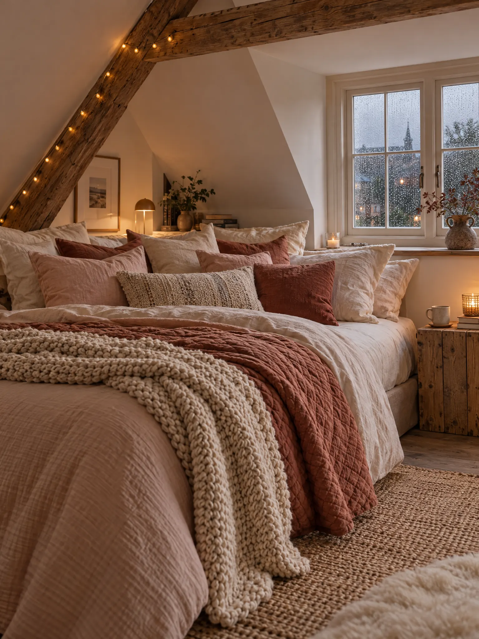 Cozy pillow-nest bedroom: a bed piled with pillows and blankets under warm string lights and a sloped ceiling
