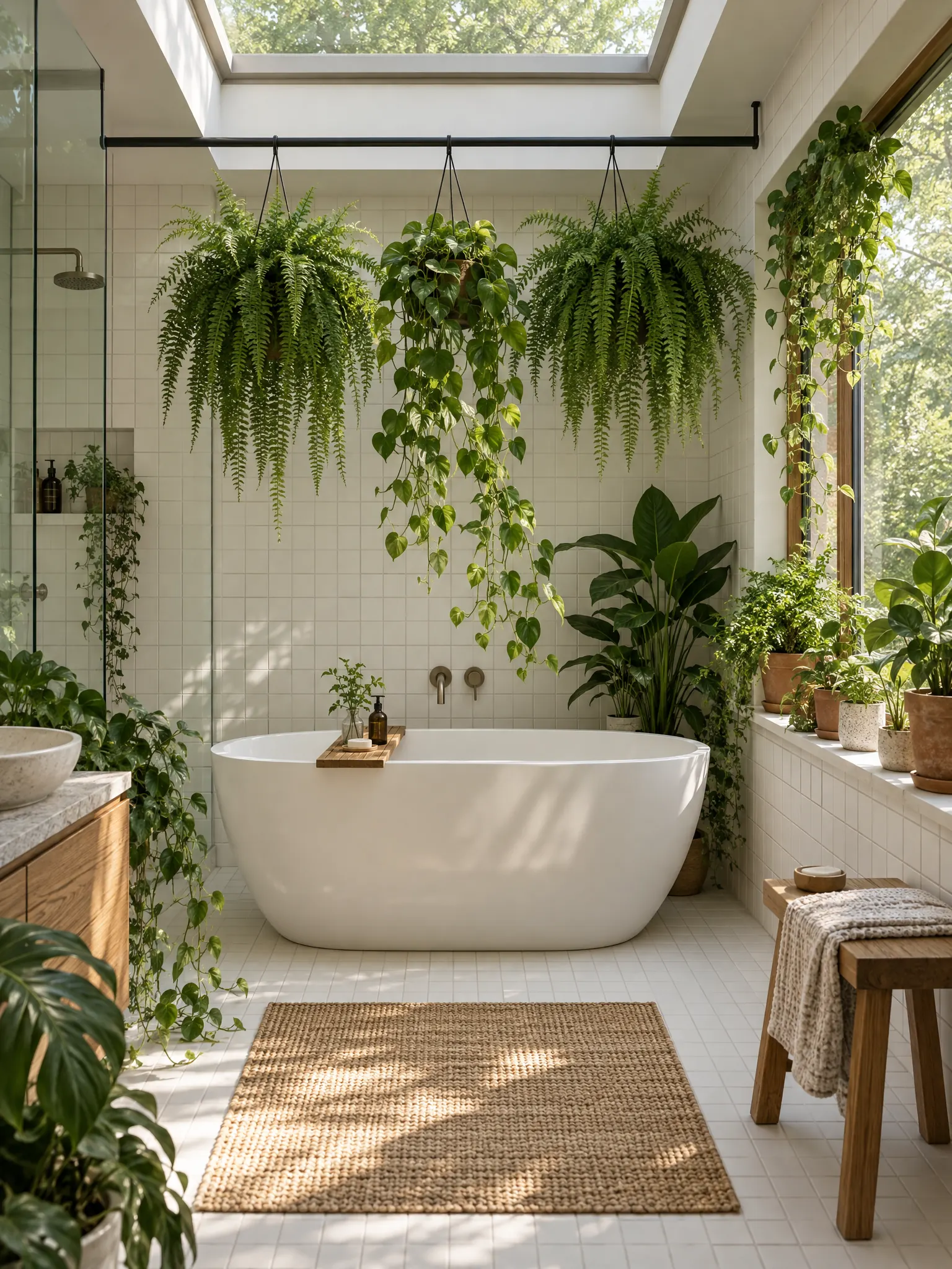Plant-filled bathroom with hanging ferns over a bath under a skylight and a shelf of plants at the window