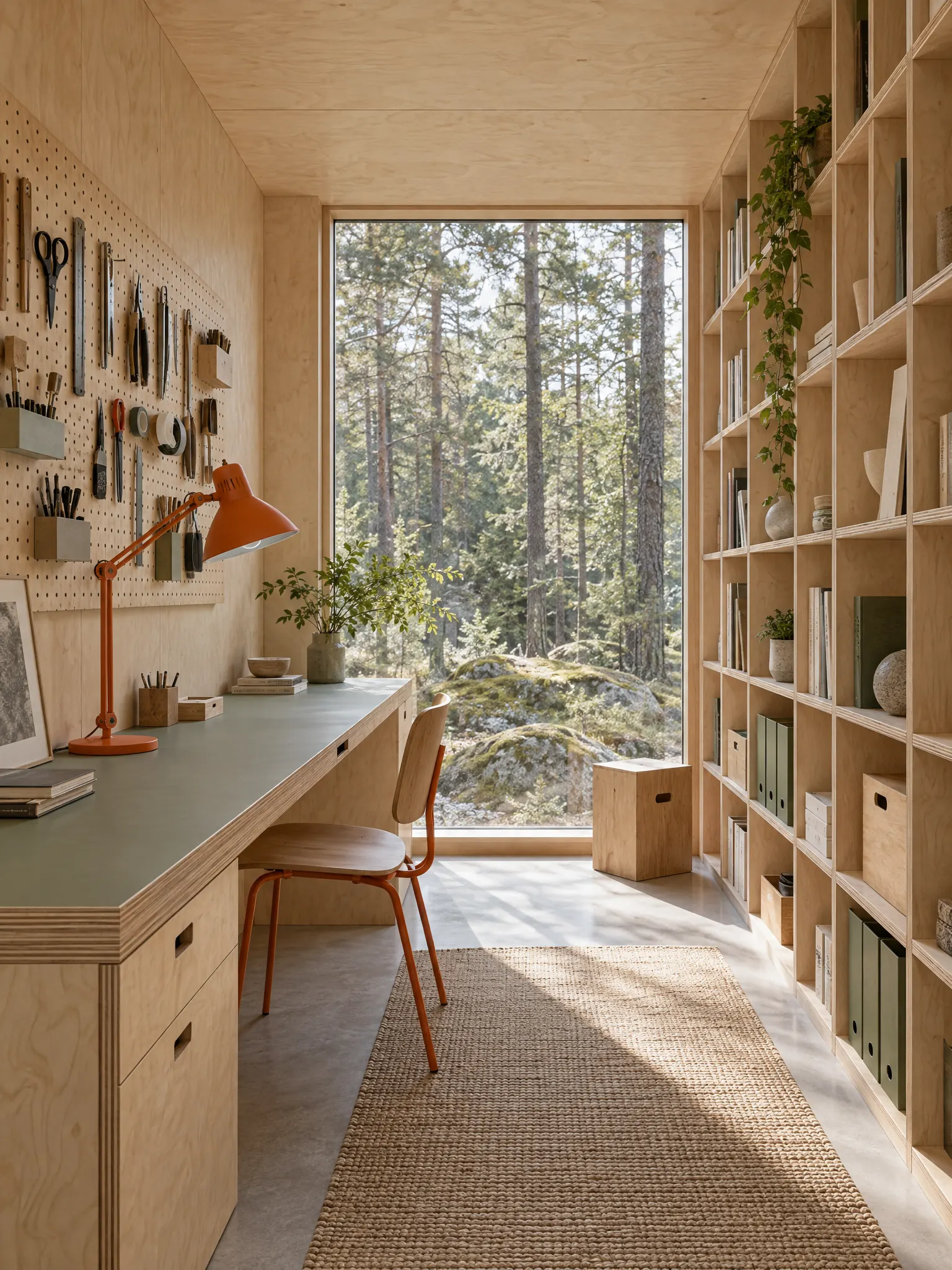 Home office lined in birch plywood with a built-in desk, cubby shelves, exposed ply edges, a pegboard and a big window