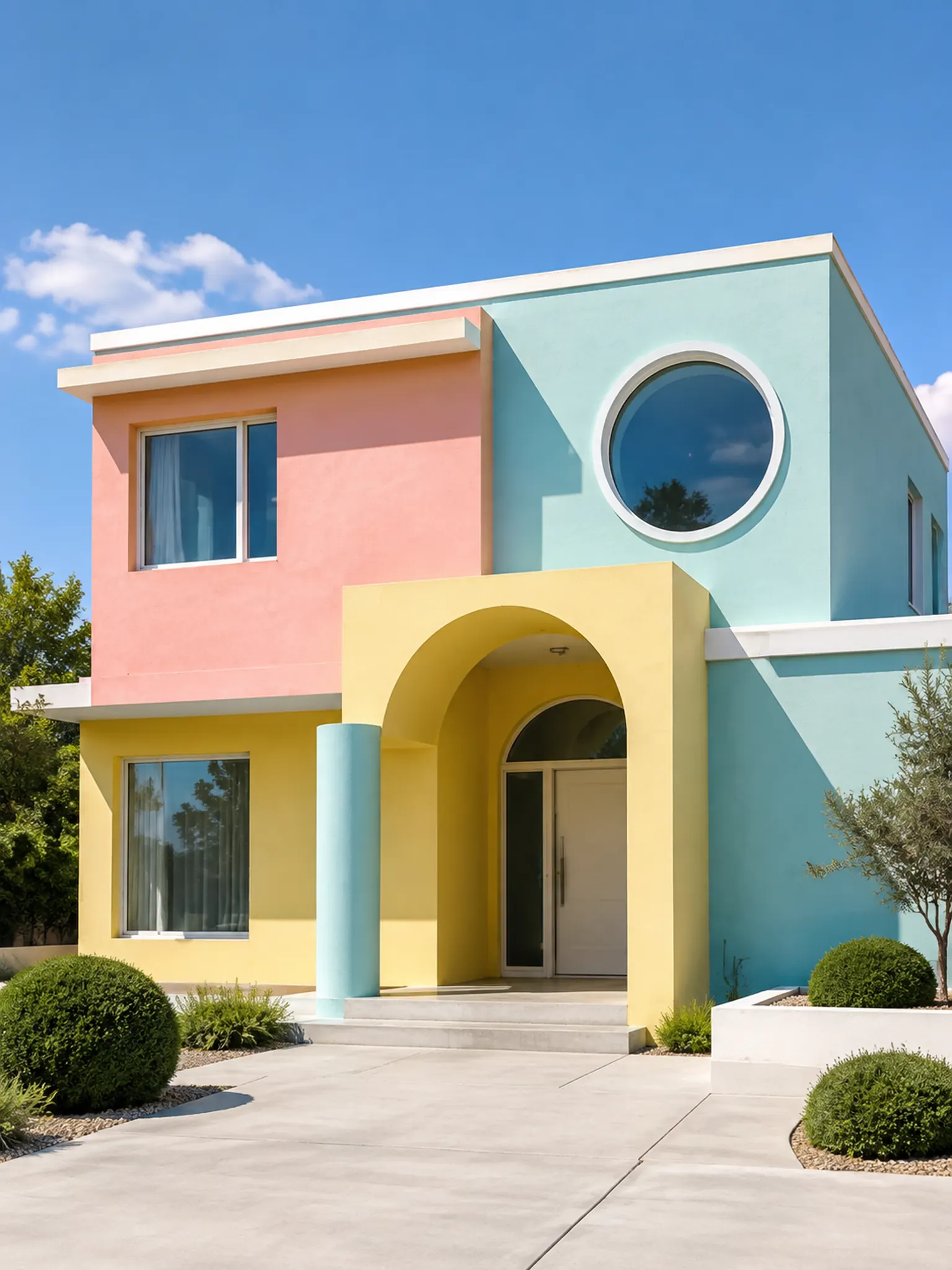 Postmodern house with pastel colour blocks, a round window and an oversized arched entry