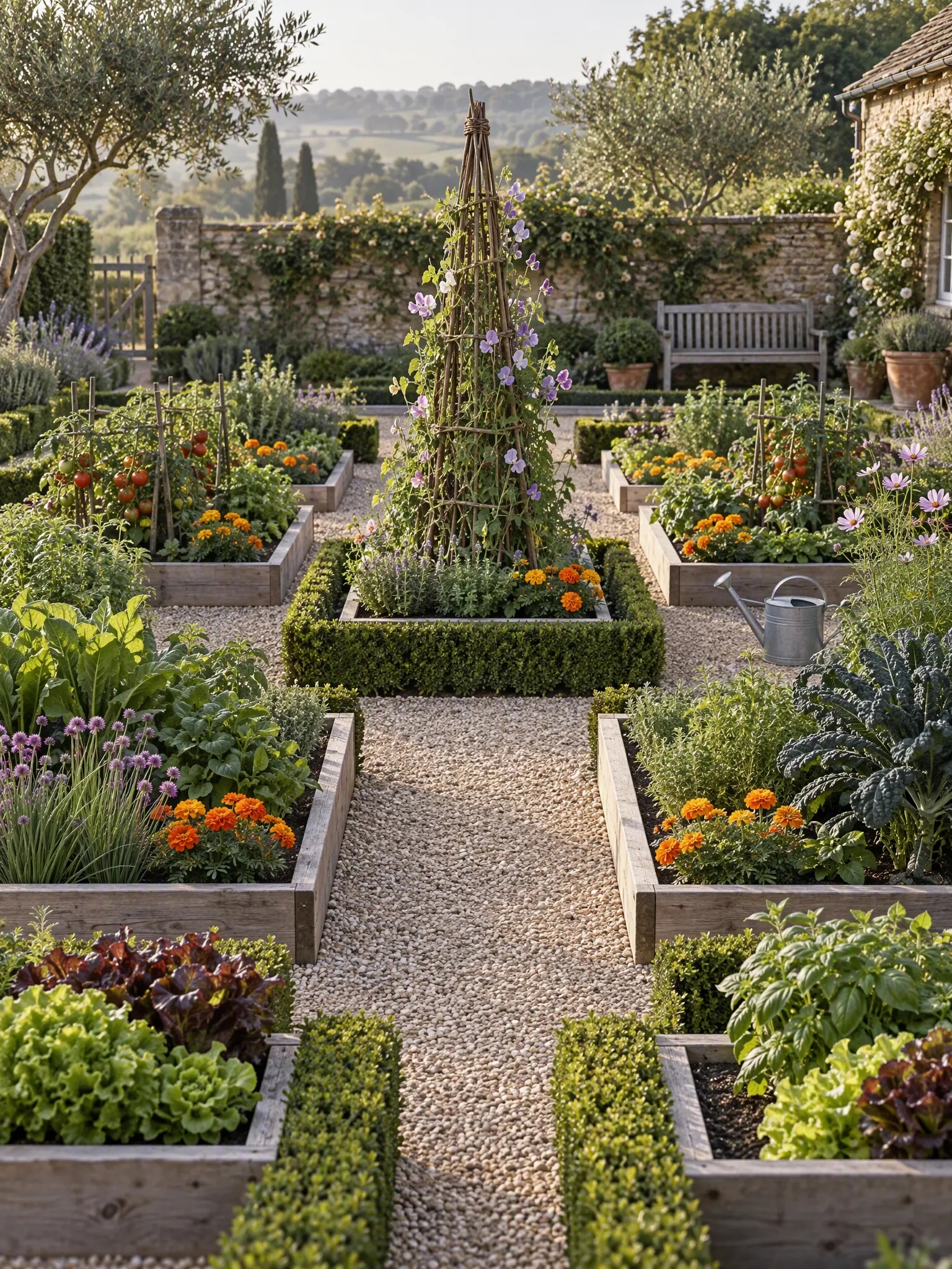 Potager kitchen garden with raised beds of vegetables, herbs and flowers, gravel paths and a central obelisk