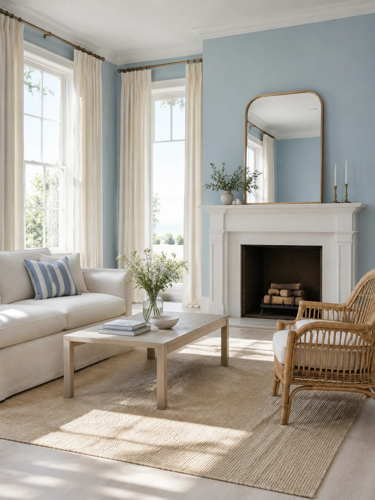Living room with powder blue walls, cream curtains, a rattan armchair and a pale wood floor