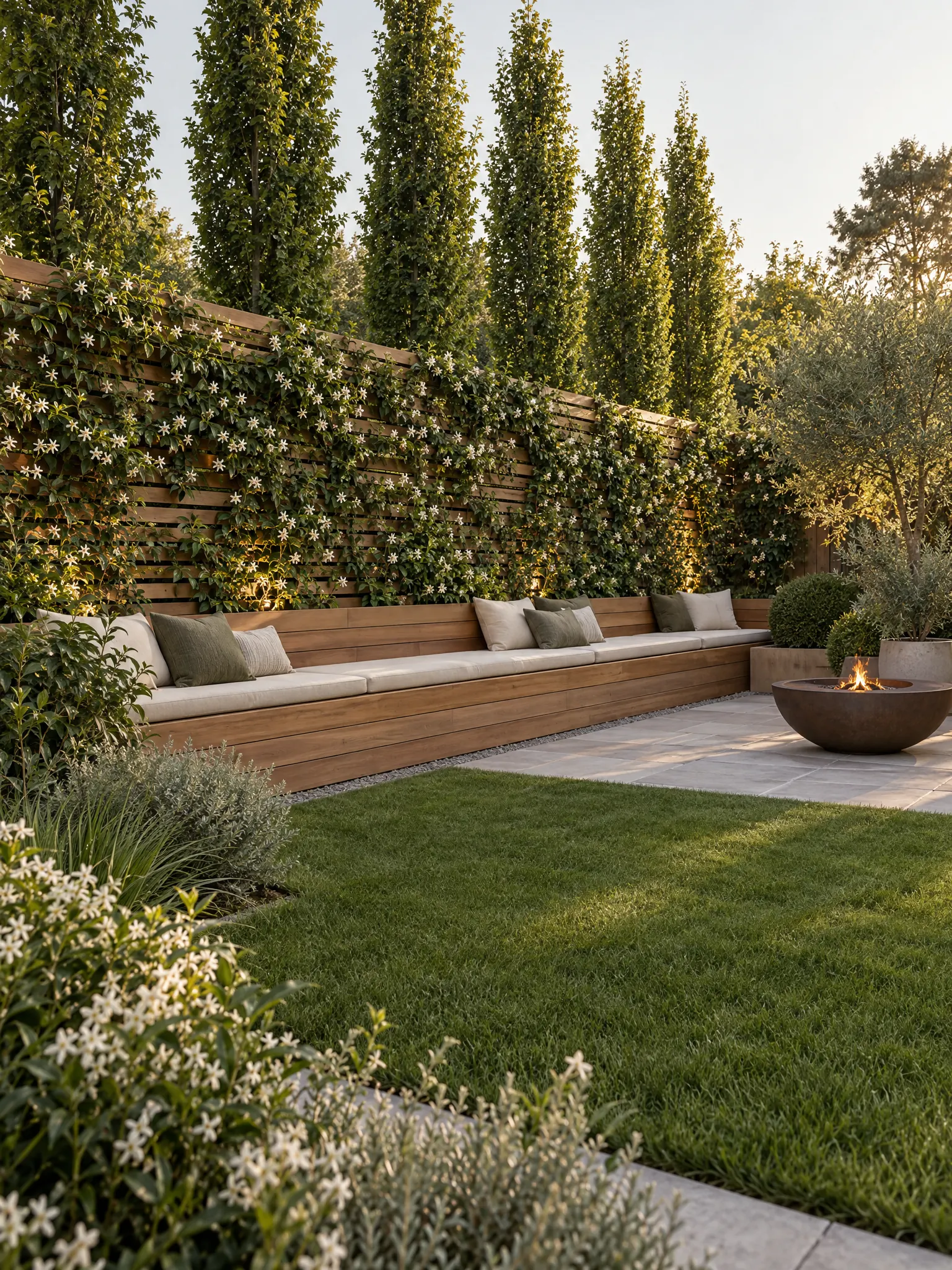 Backyard privacy screen of slatted timber with climbers, a row of columnar trees and a built-in bench