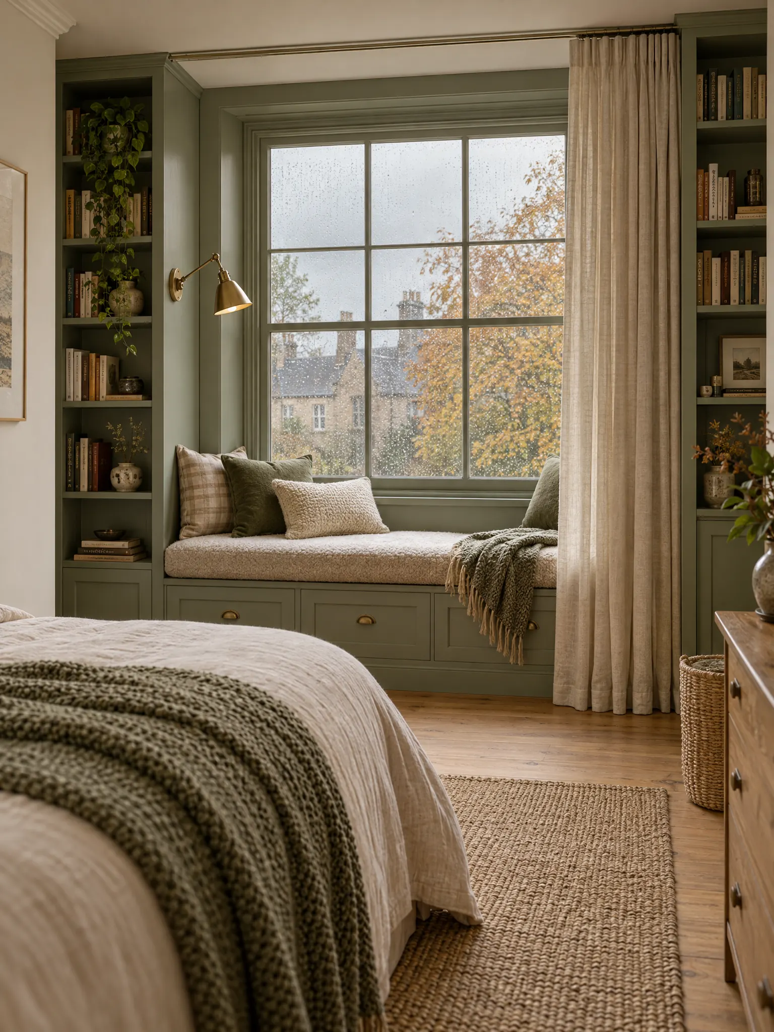 Bedroom with a built-in window seat between bookshelves, a thick cushion, a wall light and a pull-across curtain