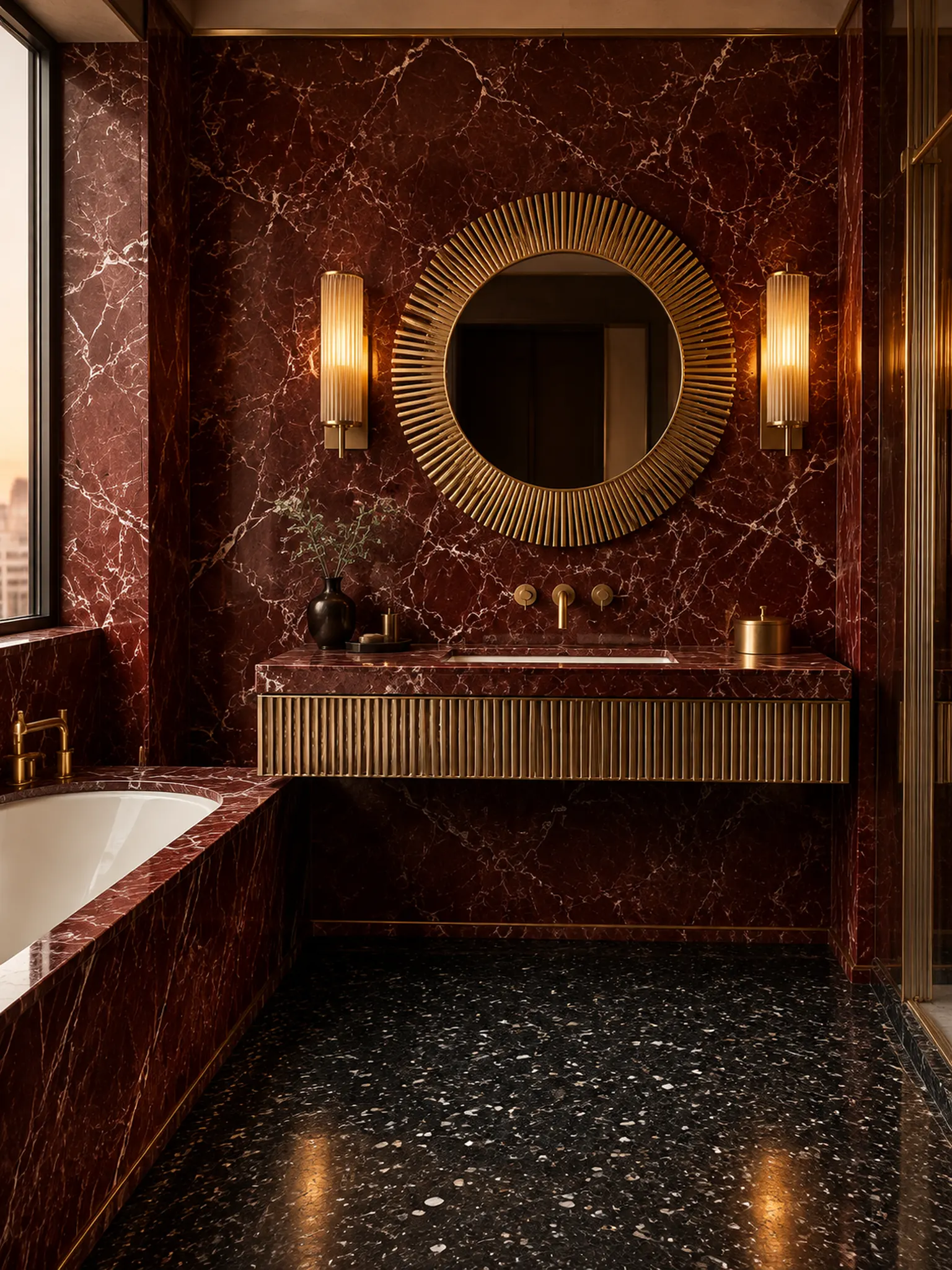 Neo deco bathroom in red marble with fluted brass details, a sunburst mirror and glass sconces