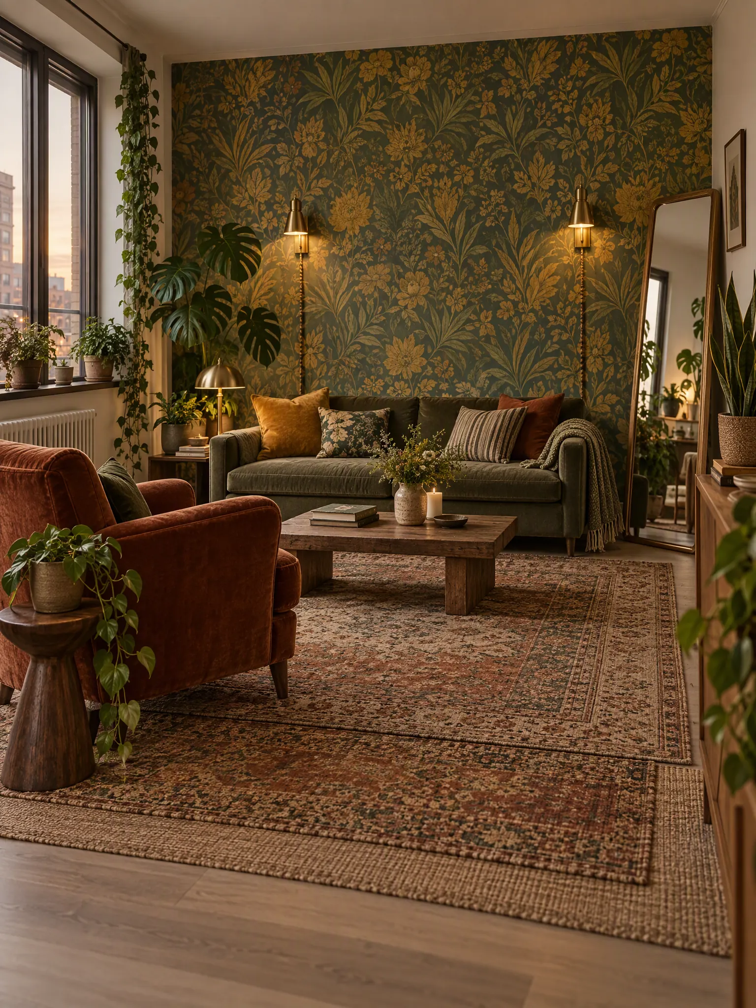 Rental-friendly apartment living room with peel-and-stick wallpaper, a leaning mirror, plug-in sconces and layered rugs