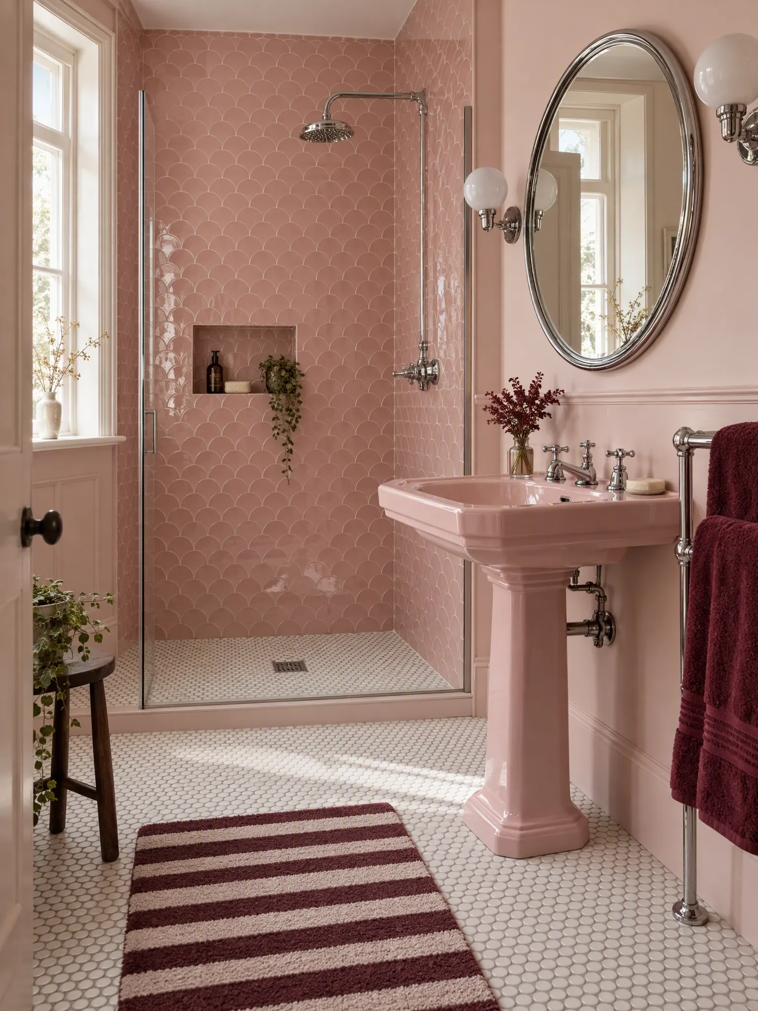 Retro pink bathroom with blush scalloped wall tiles, a pink pedestal sink, a round mirror and burgundy towels