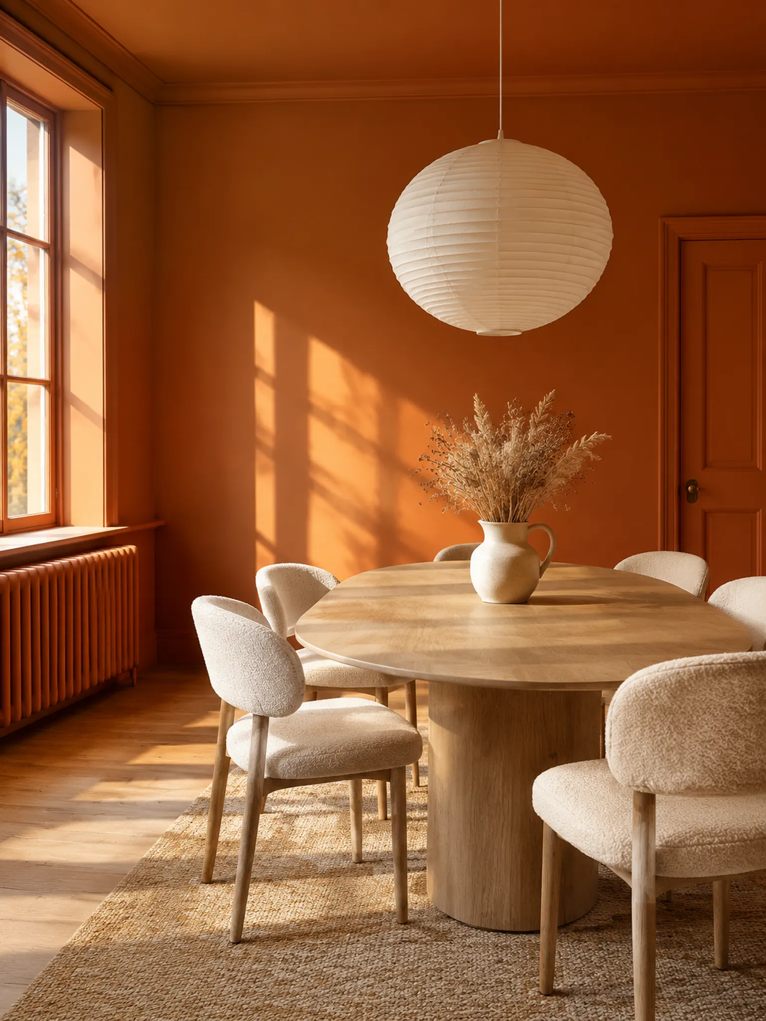 Rust colour-drenched dining room, walls, trim and ceiling in one colour, with a pale oak table and cream chairs